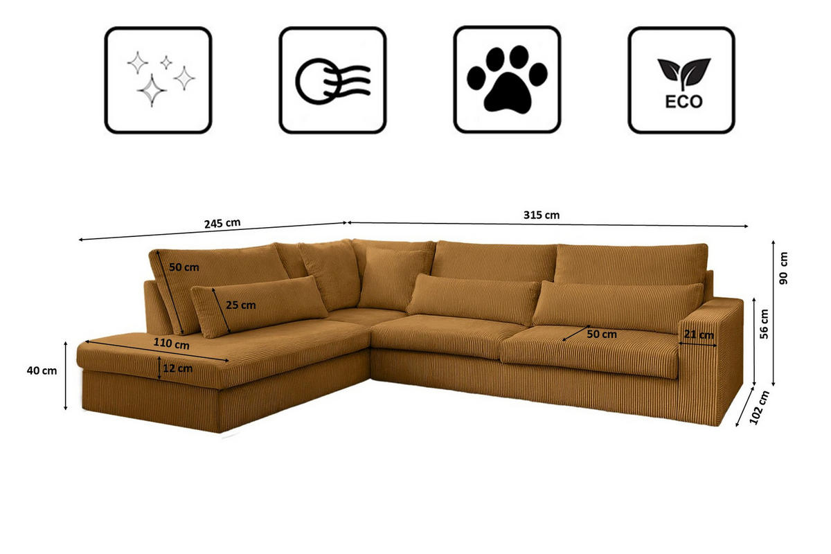 ECKSOFA L-Form SVEN Stoff Poso Senffarbe Links - Currygelb, Textil (315/245cm) - Kaiser Möbel