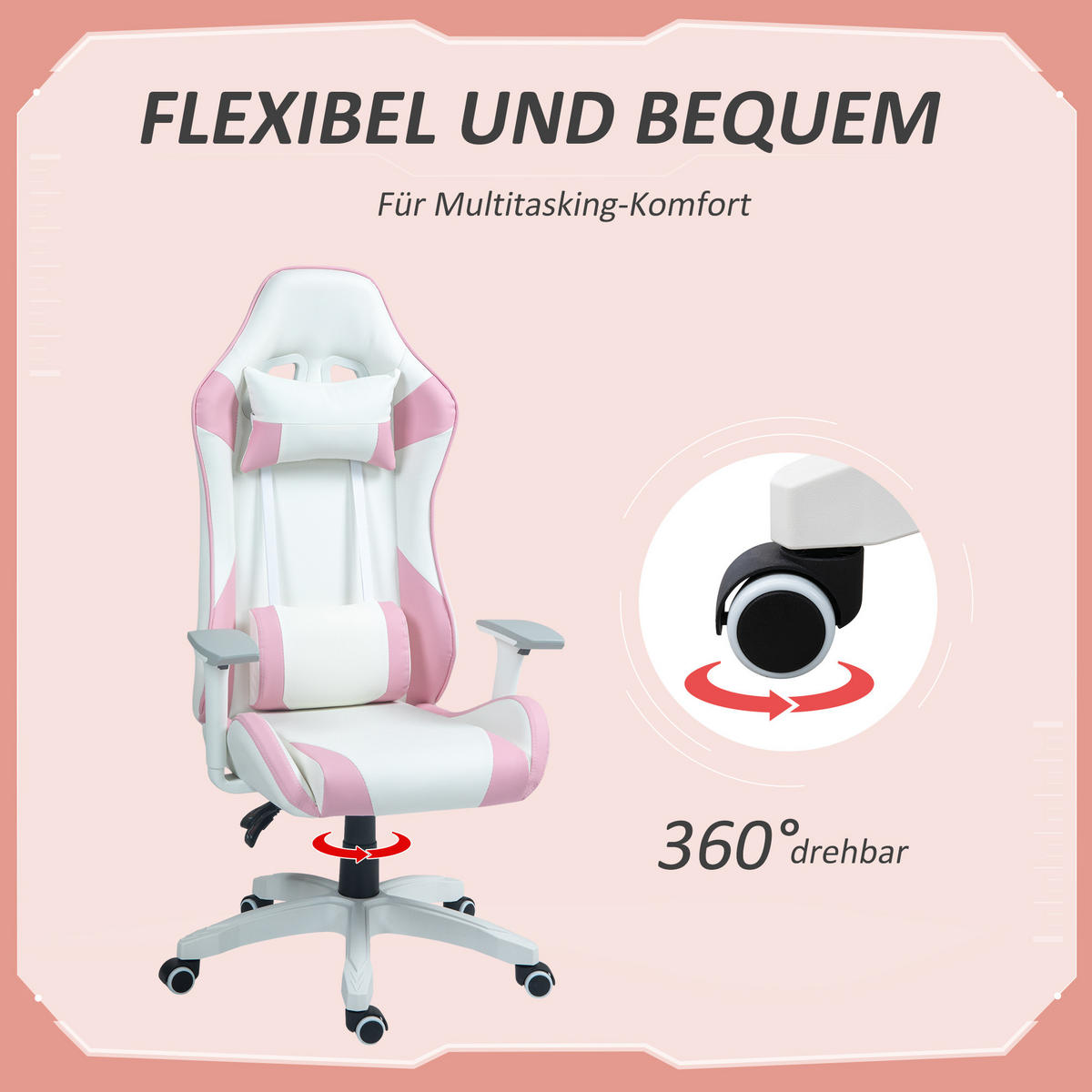 GAMING Stuhl, 3D Armlehne, Rosa - Rosa, Leder (60/128/67cm) - HOMCOM