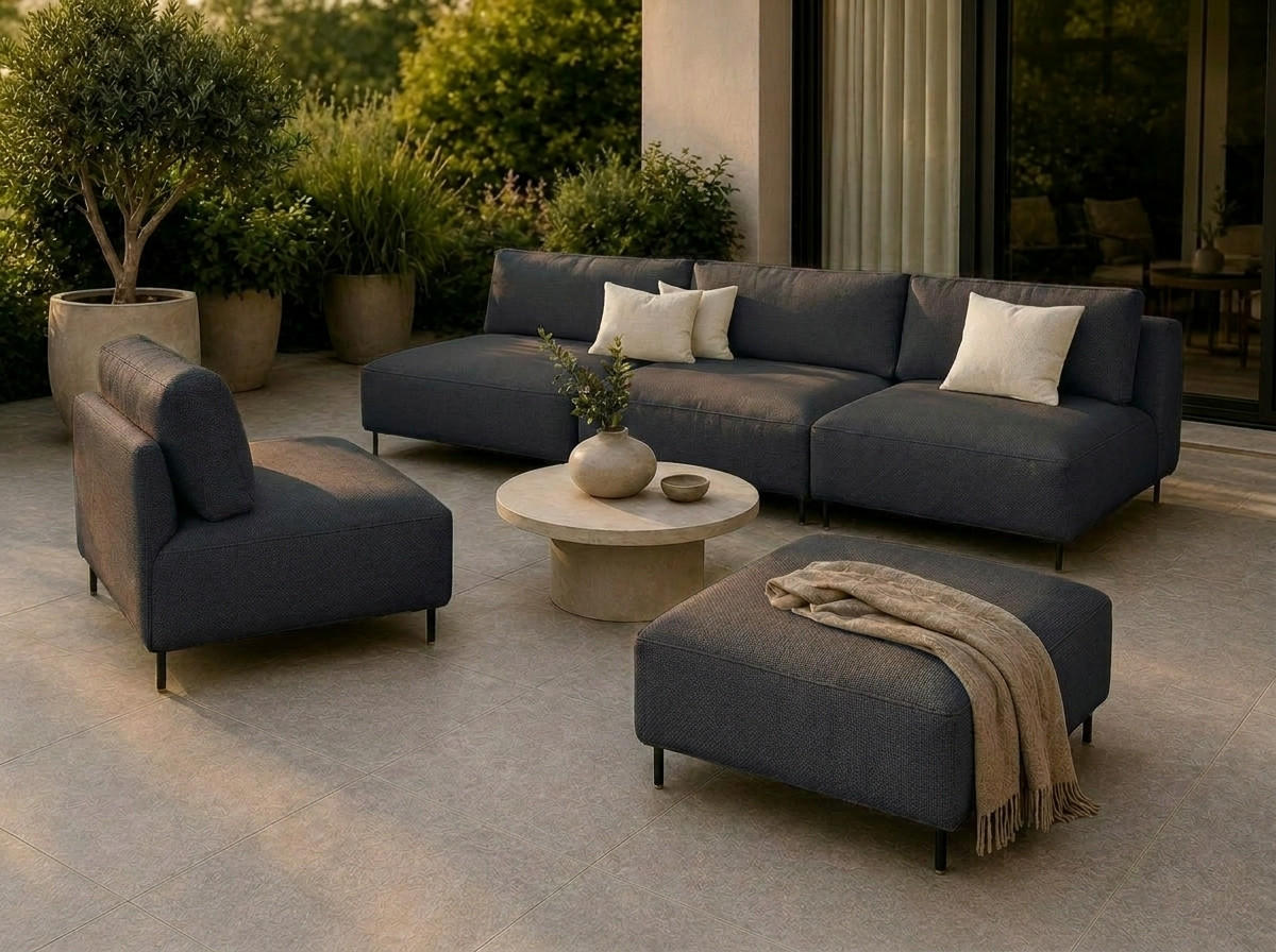 GARTEN Lounge Set SUN – Outdoor Möbel Set mit Sofa, Sessel und Hocker, UV-beständig und wasserabweisend - Dunkelgrau, Textil - A&J MöbelLand
