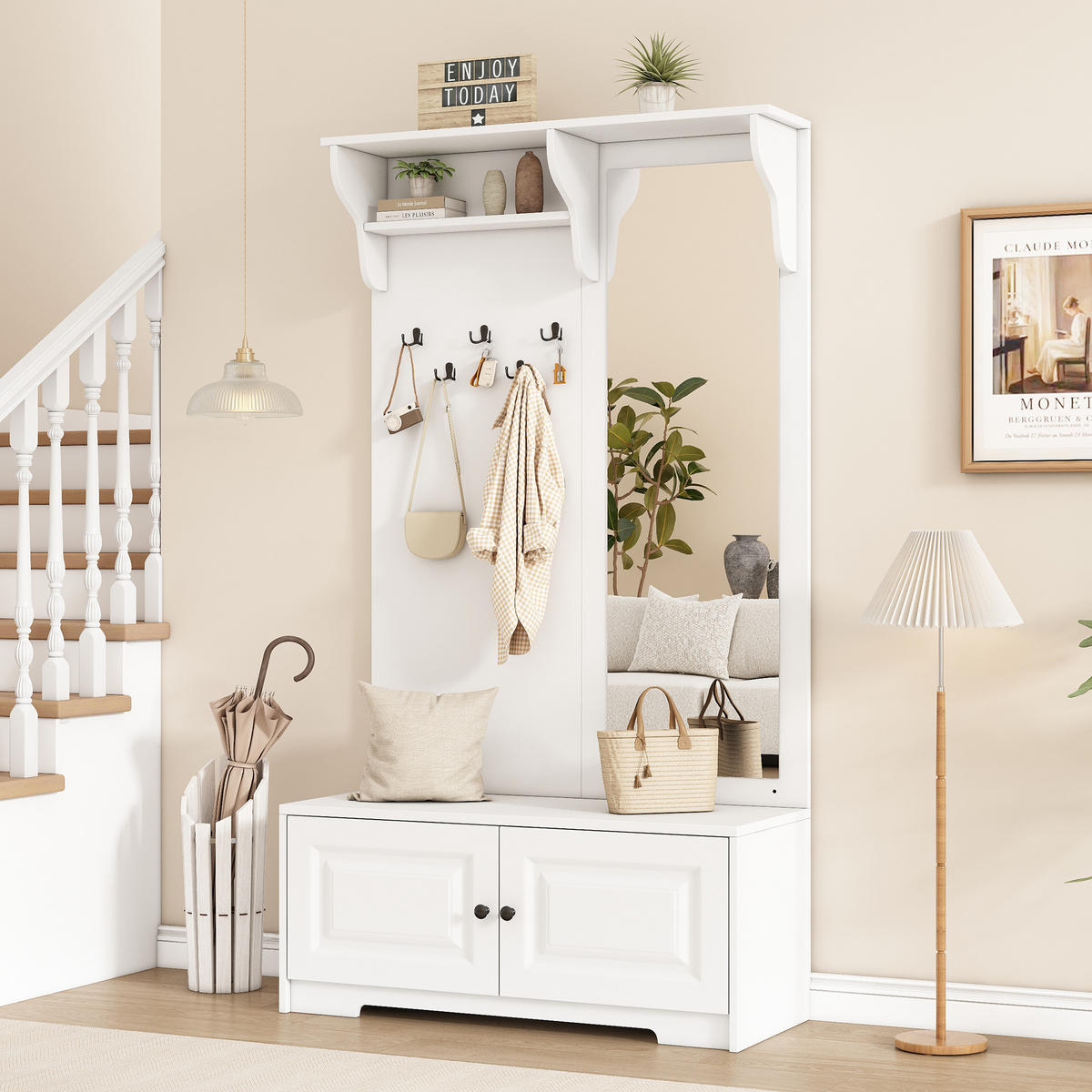 GARDEROBE 100cm Spiegel 5 Haken 2 Schränke Regal Schuhschrank Weiß - Weiß, Holzwerkstoff (40/180/100cm) - FLIEKS