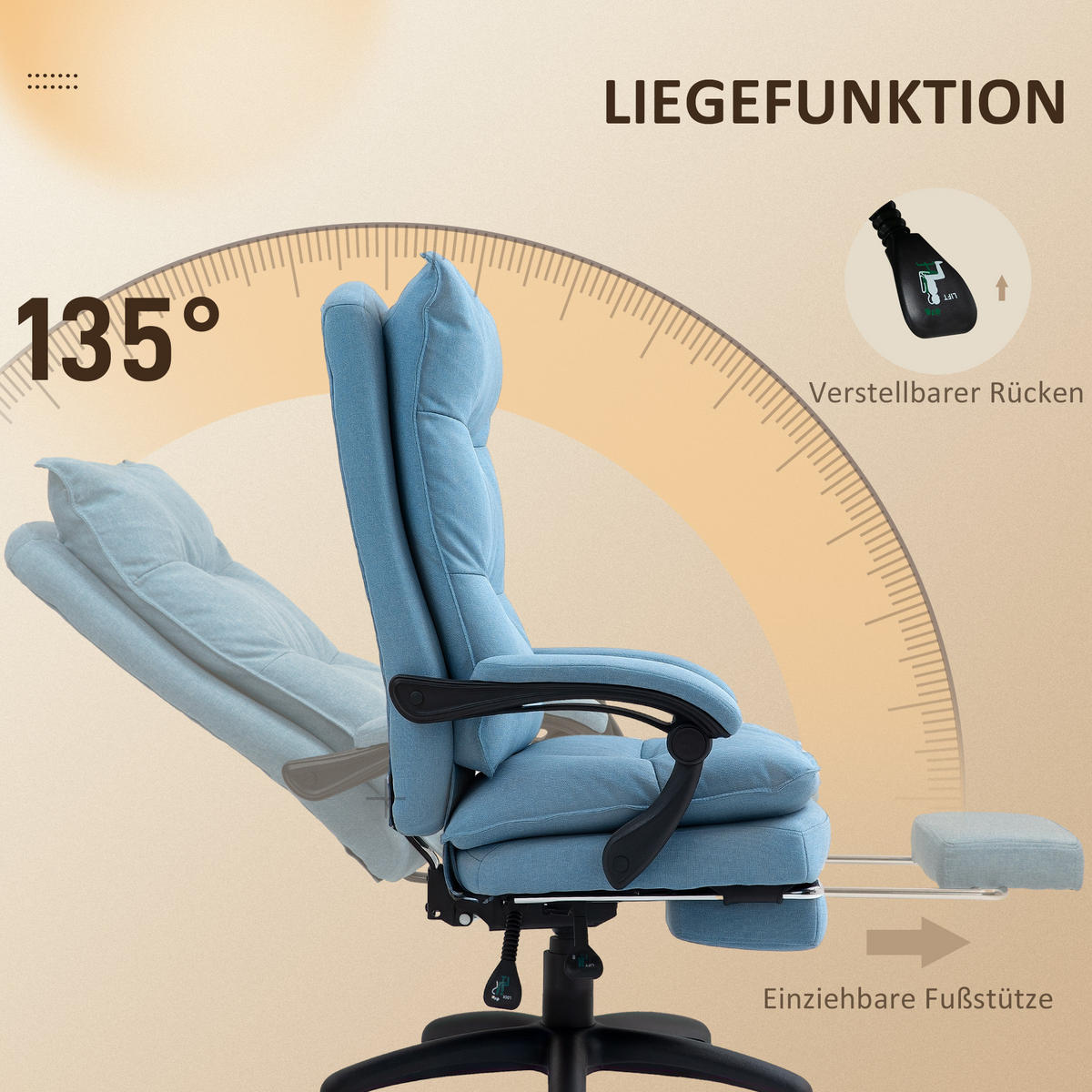 ERGONOMISCH Bürostuhl mit Massagefunktion, Computerstuhl mit Liegefunktion - Blau, Kunststoff (62/130/70cm) - Vinsetto