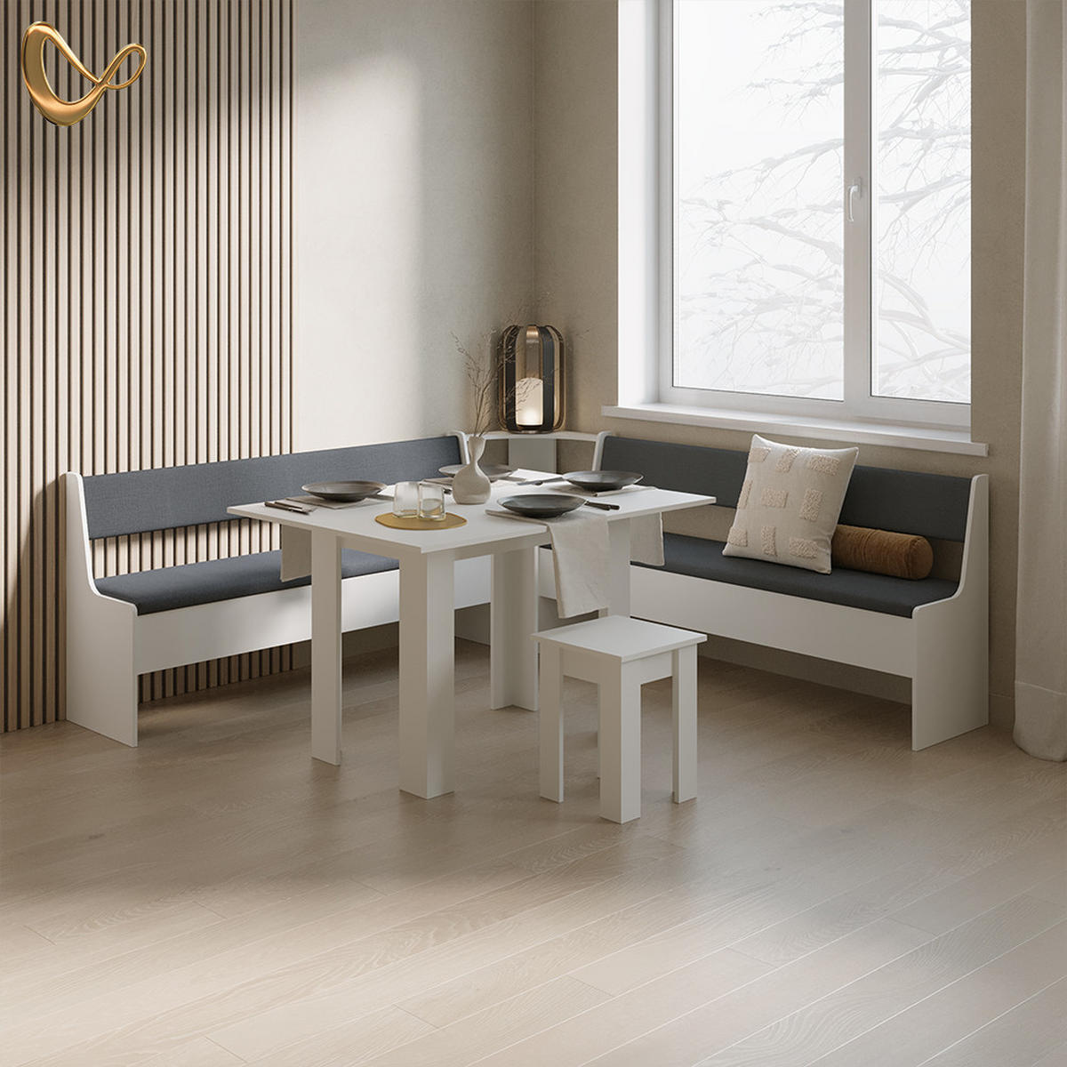 ECKBANKGRUPPE Tiberio Weiß 210 x 210 cm mit Tisch - Weiß, Holzwerkstoff (210/80/210cm) - Livinity®