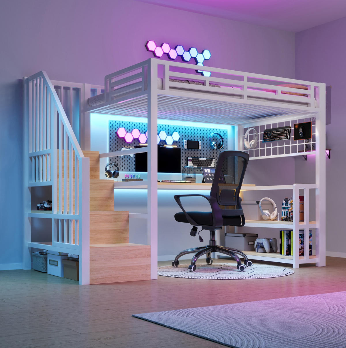 HOCHBETT 90/200 cm Weiß aus Metall und MDF mit Schreibtisch - Weiß, Metall (90/200cm) - OKMYHOME