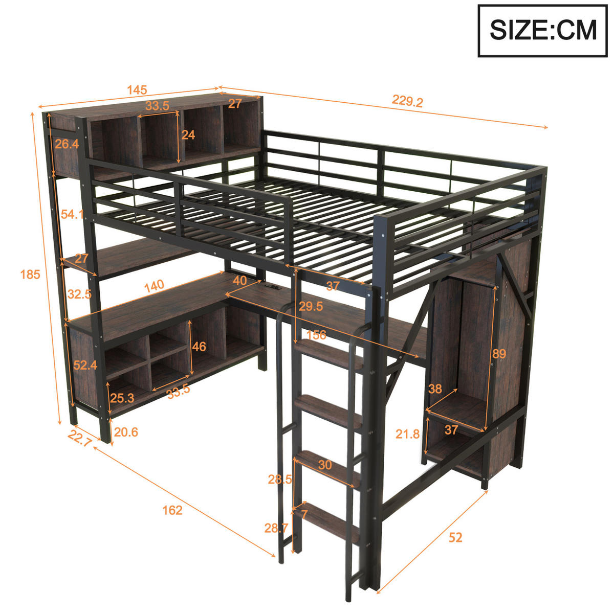 HOCHBETT 140/200 cm aus Metall mit Schreibtisch, Kleiderschrank, LED, Schwarz - Schwarz, Metall (140/200cm) - OKMYHOME
