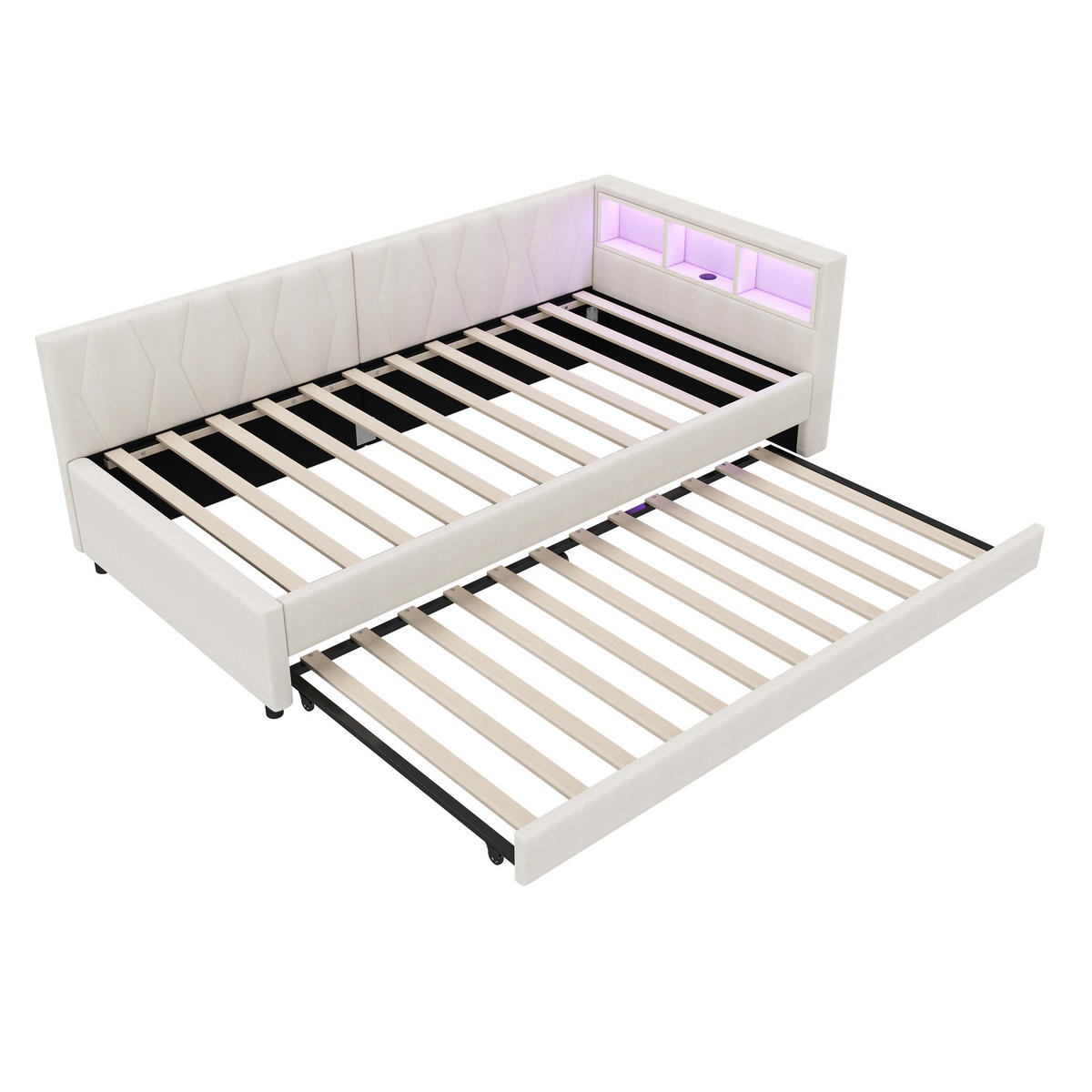 POLSTERBETT 90/200 cm beige mit USB- und Type-C-Anschlüssen und LED-Beleuchtung - Beige, Textil (90/200cm) - OKWISH