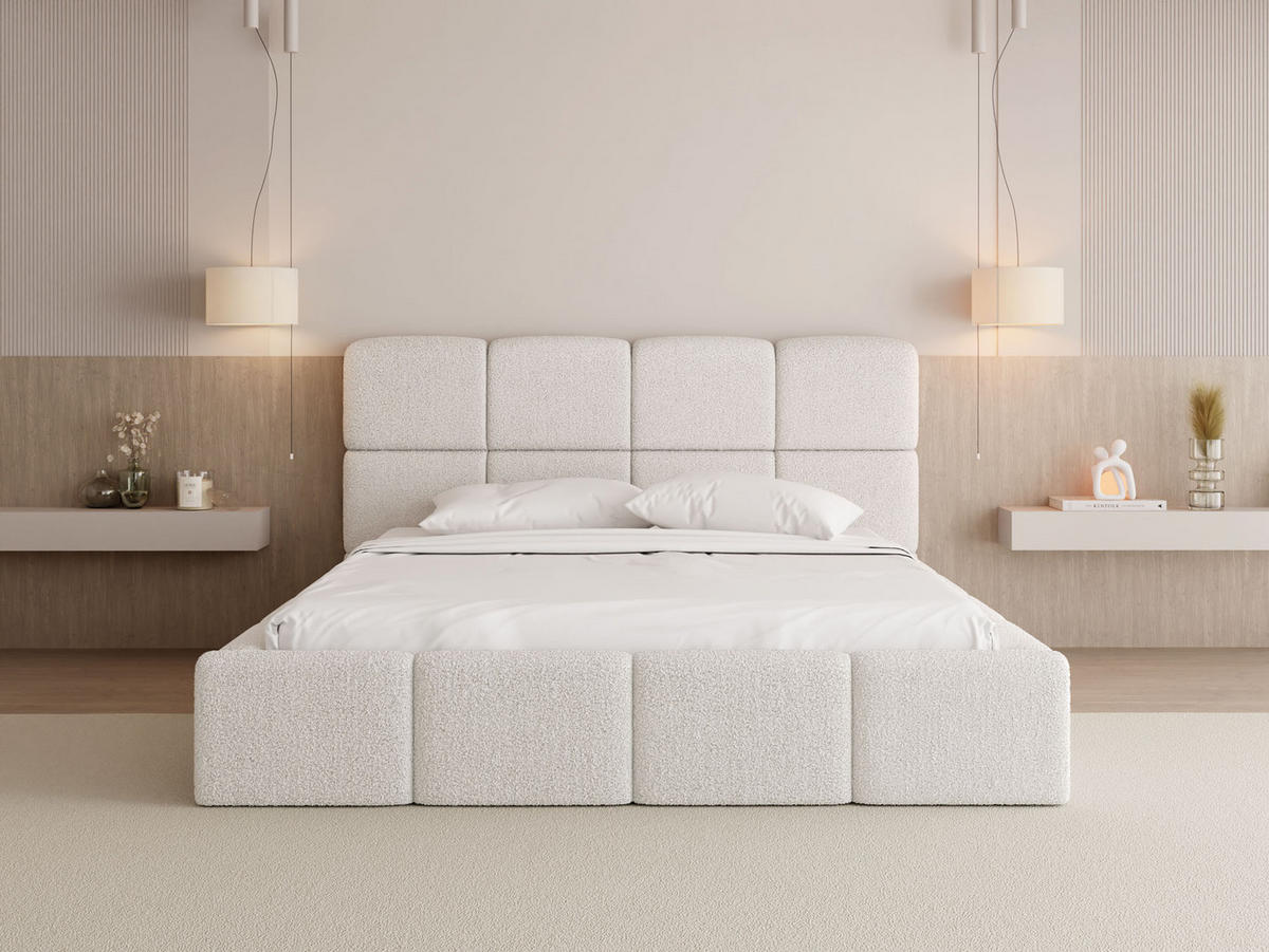 POLSTERBETT Tivio mit Bettkasten, Creme Boucle 160x200 cm - Birkefarben/Schwarz, Holz/Holzwerkstoff (160/200cm) - WFL GROUP