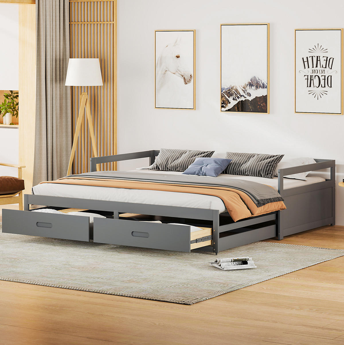 BETT aus Kiefernholz 90/180x200 cm Grau mit Ausziehfunktion und 2 Schubladen - Grau, Holzwerkstoff (90/200cm) - Modfu