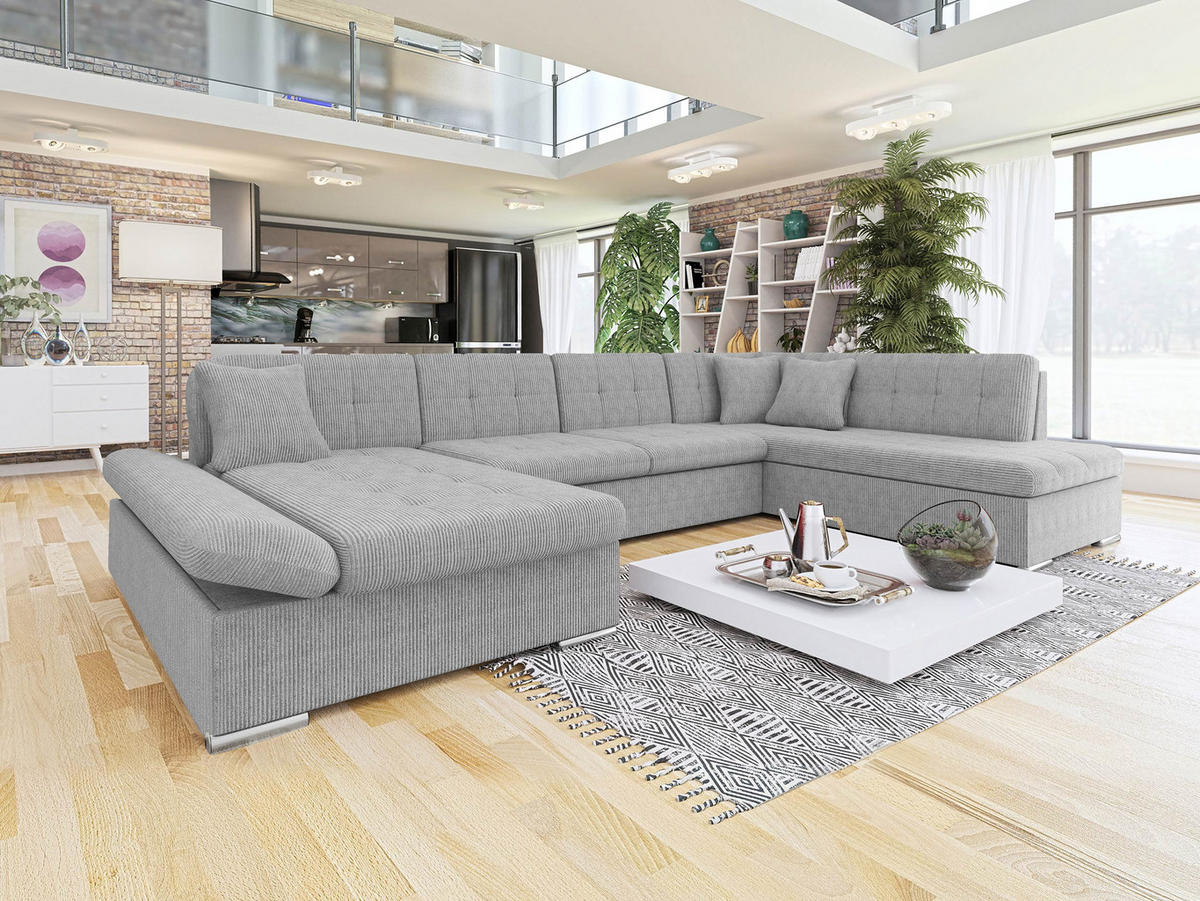 ECKSOFA Bergen Cord, Seite: Links - Silberfarben/Hellgrau, Holz/Textil (345/76/205cm) - MIRJAN24