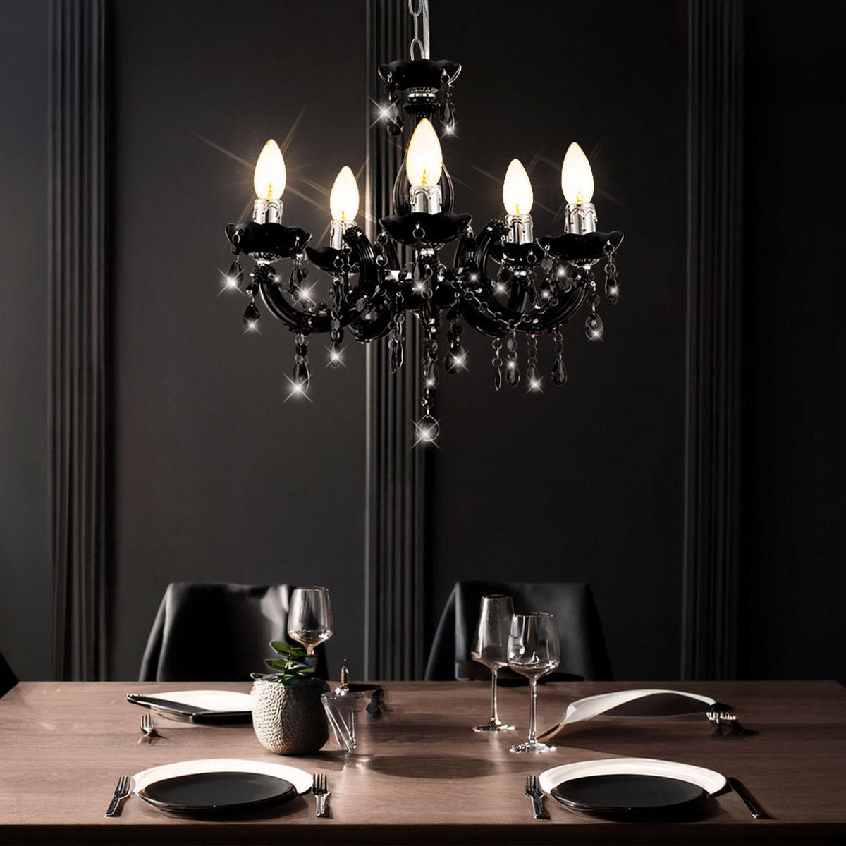 KRONLEUCHTER Kristalloptik Schwarz 5-flammig - Schwarz, Metall (44/44/128cm) - Globo Lighting