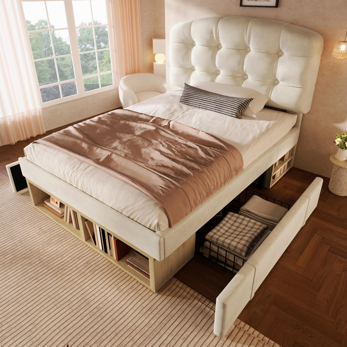 POLSTERBETT 90/200 cm Beige mit 2 Schubladen und Stauraum - Beige, Textil (90/200cm) - Oxeza