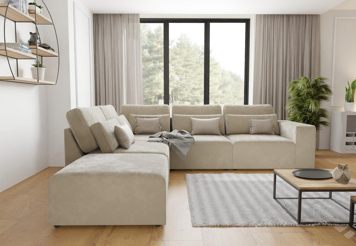 ECKSOFA modularer Leox Beige Samt-Stoff - Beige/Schwarz, Kunststoff/Textil (305/281cm) - S-Style Möbel