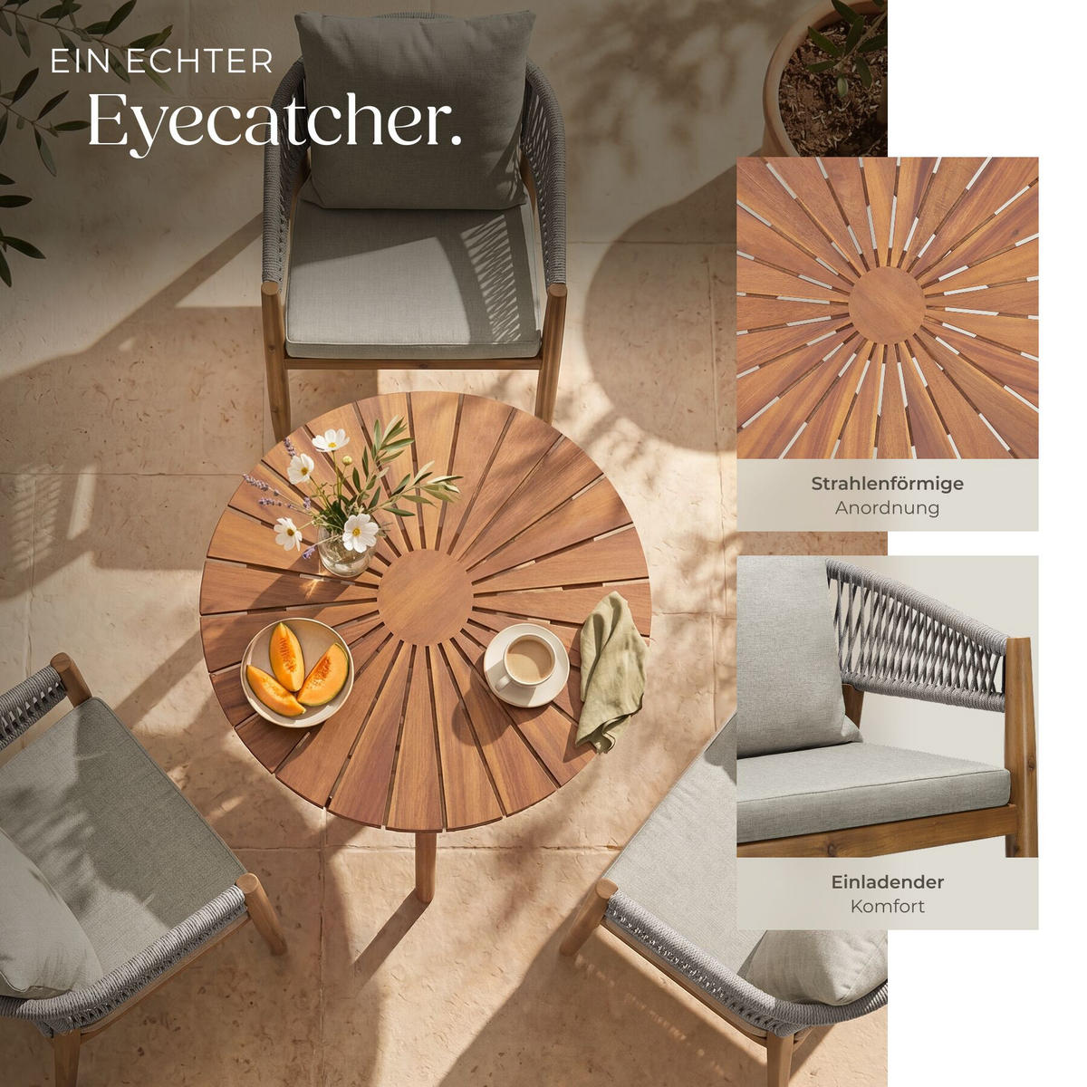 GARTENSET 3-teilig, höhenverstellbare Kunststofffüße, greige - Greige, Holz/Kunststoff - tectake