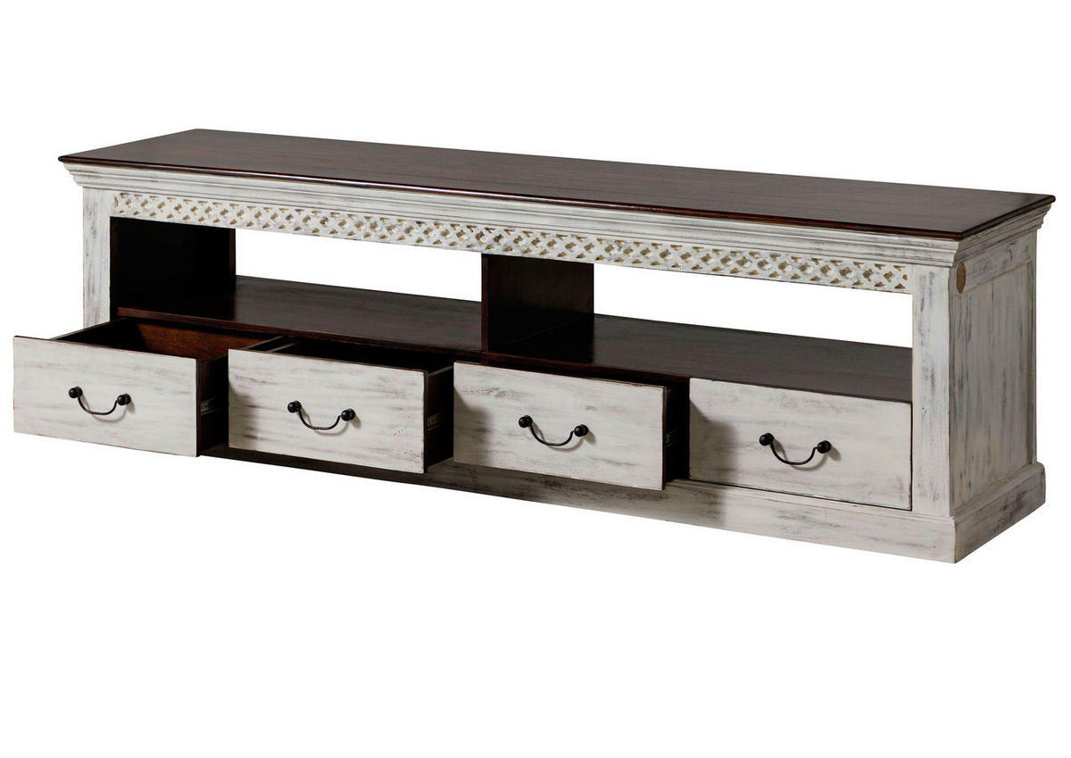TV-BOARD Mango / Akazie 200x50x60 weiß gewachst CASTLE-ANTIK #107 - Weiß, Holz (200/60/50cm) - Massivmoebel24