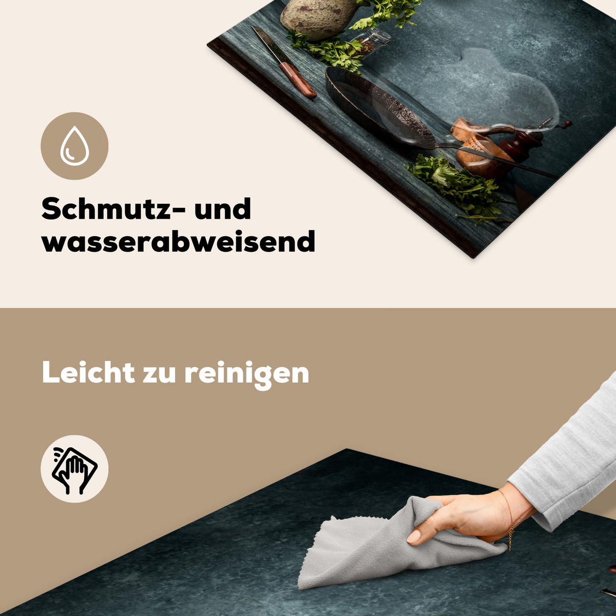 HERDABDECKPLATTE Kräuter - Gewürze - Pfanne - Messer - Grau - Rustikal 65x52 cm - Petrol, Kunststoff (65/0.2/52cm) - MuchoWow