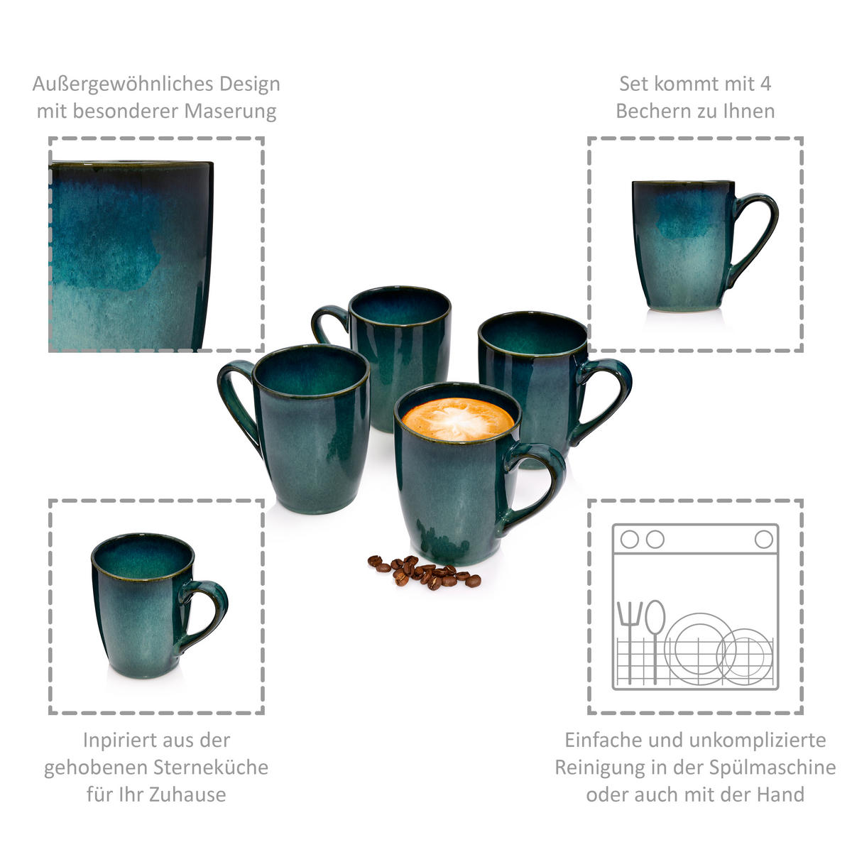 KAFFEEBCHER SET MAURI - 4 teilig aus Steingut - Grün, Keramik (23/14/21cm) - Sänger