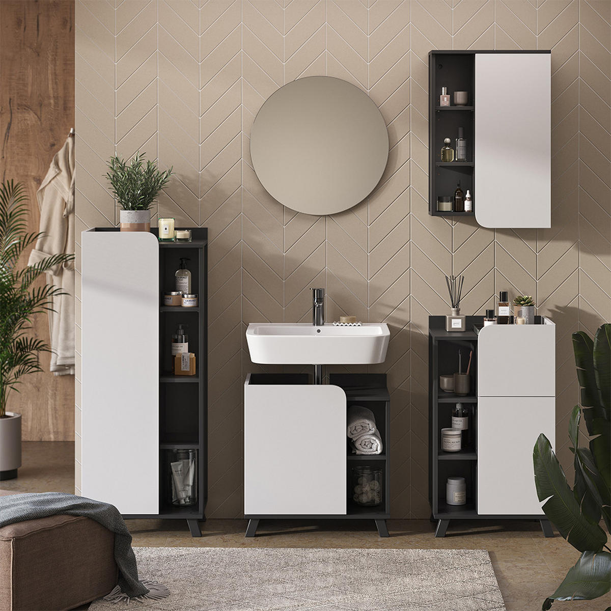 BADSCHRANK Karen Anthrazit/Weiß 50 x 75 cm mit Tür und offenen Fächern - Anthrazit/Weiß, Holzwerkstoff (50/75/20cm) - Vicco