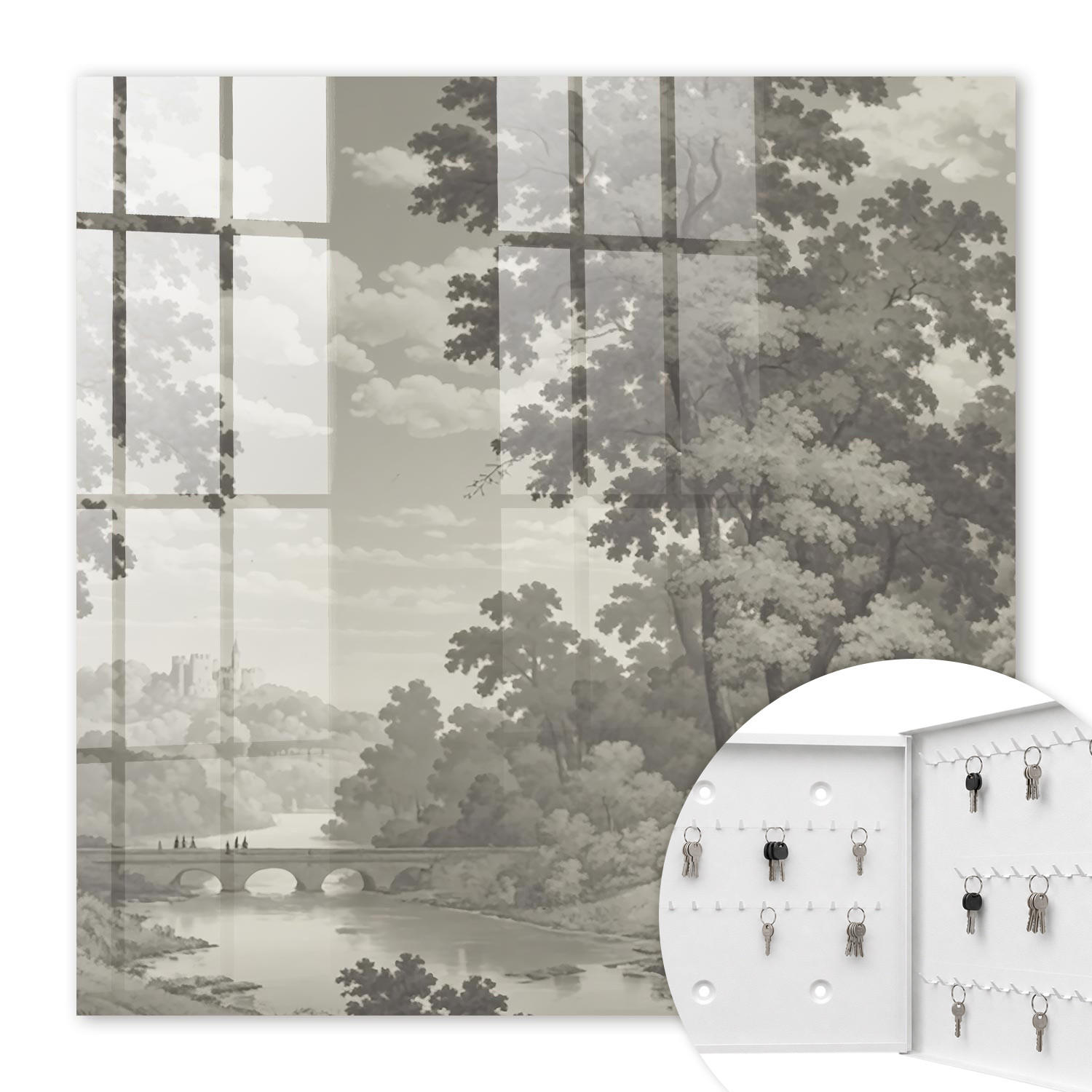 SCHLÜSSELBOX Weiß 30x30 cm – Türöffnung nach rechts - Eine friedliche Landschaft - Grau, Metall (30/30/5cm) - TULUP