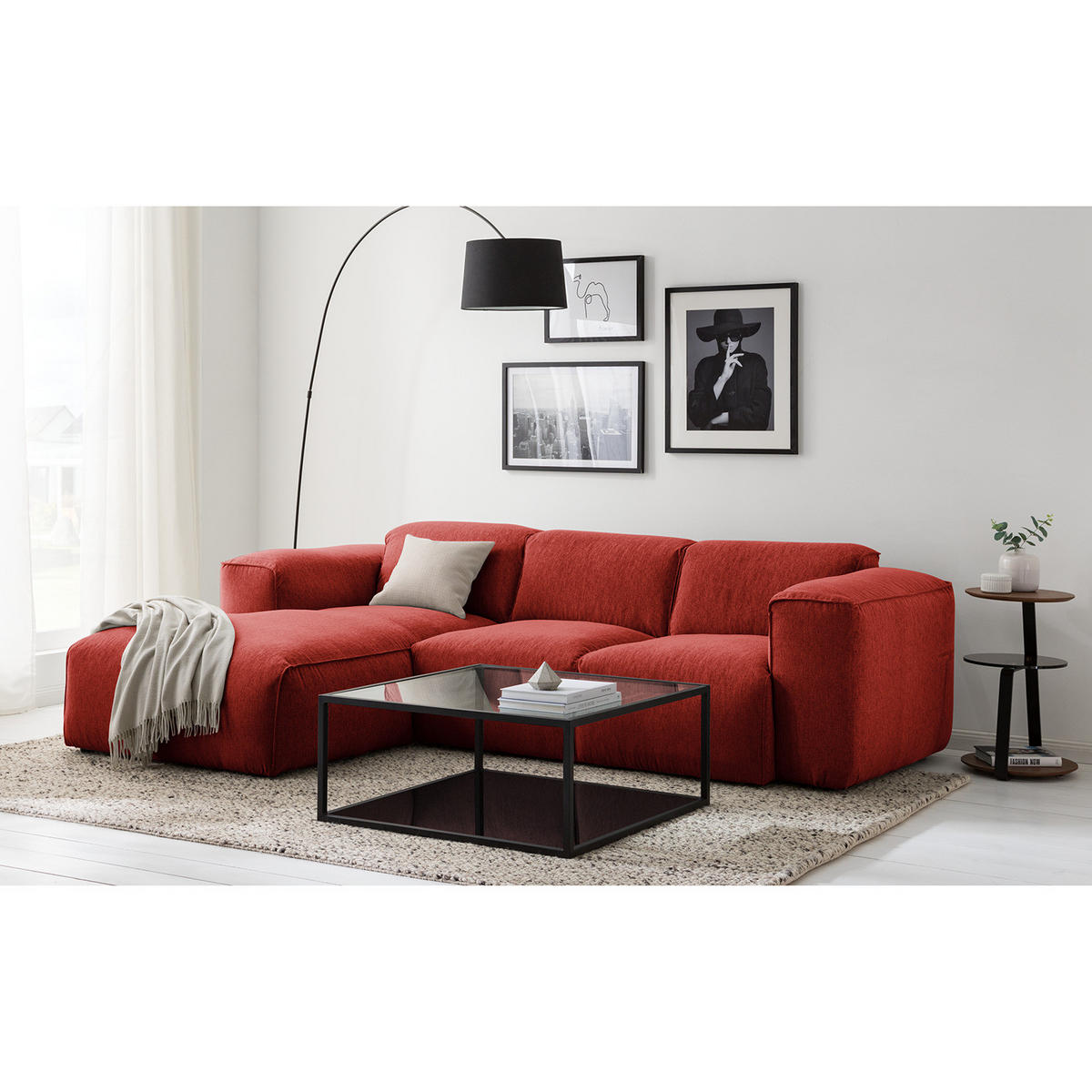3-SITZER ECKSOFA mit Longchair - Rot/Schwarz, Kunststoff/Textil (251/173cm) - home24