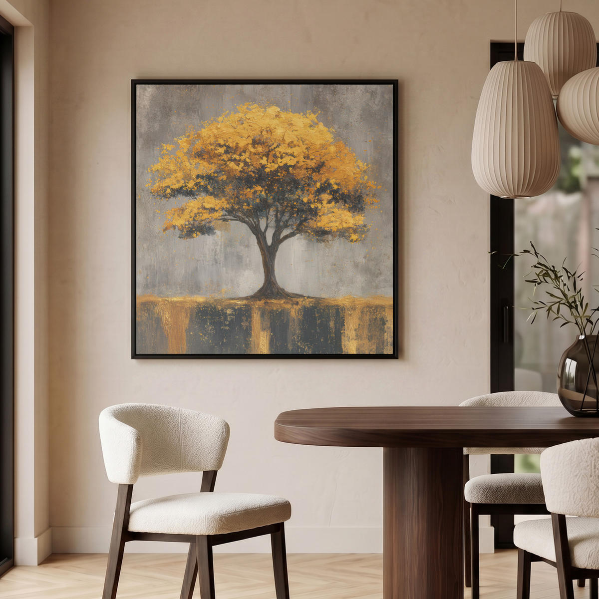 LEINWAND Bilder mit Rahmen - Baum - Blätter - Gold - Abstrakt - 90x90 - Grau, Textil (90/90cm) - MuchoWow
