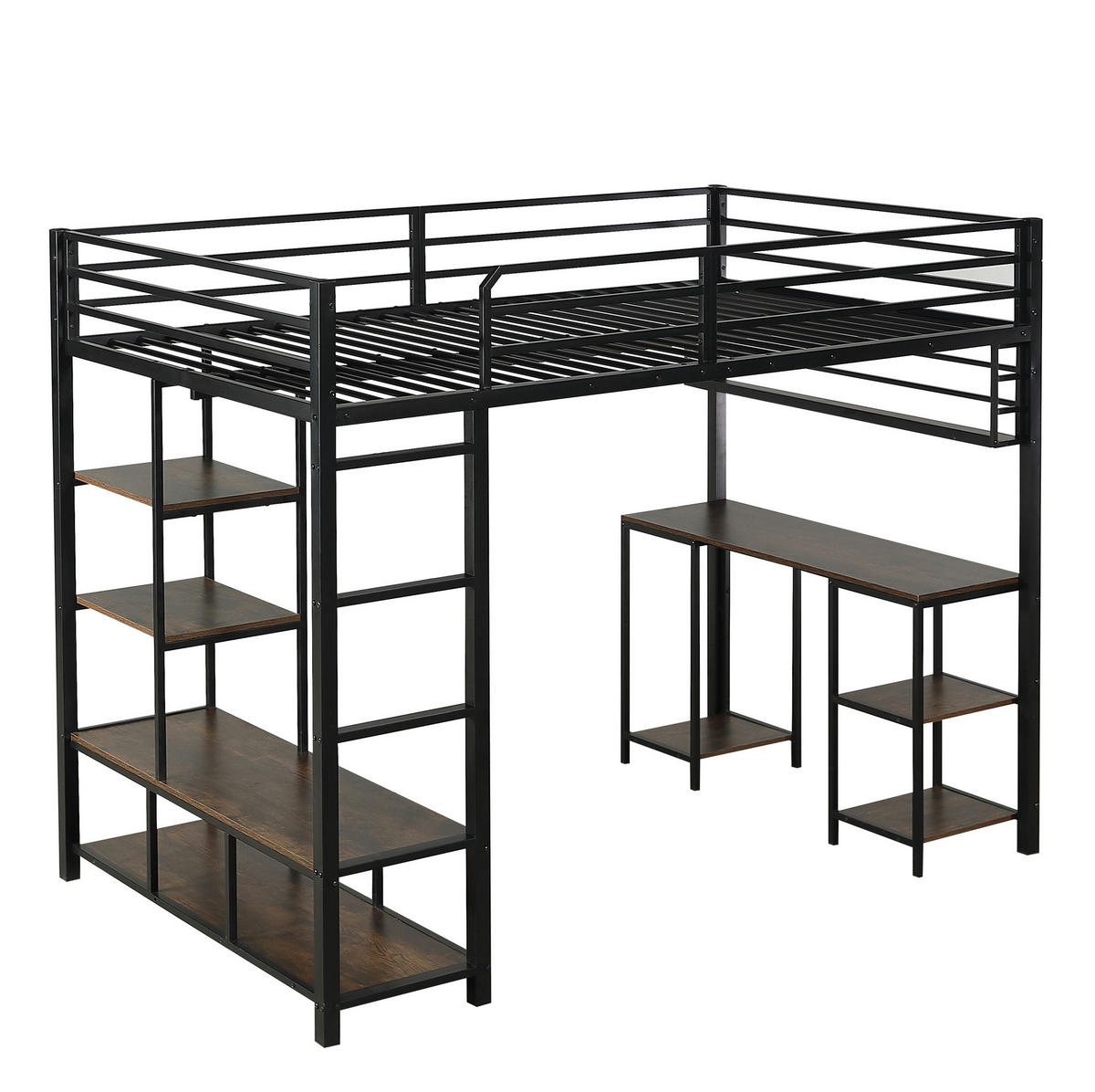 HOCHBETT 120/200 cm mit Schreibtisch, Ablage und 4-stufiger Leiter, stabile Lattenroste, Schwarz/Dunkelwalnuss - Schwarz, Metall (120/200cm) - Redom