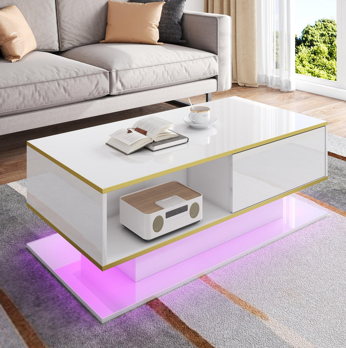 COUCHTISCH aus Spanplatte 100x50x40 cm in Weiß mit LED-Beleuchtung - Weiß, Holzwerkstoff (100/50/40cm) - Modfu