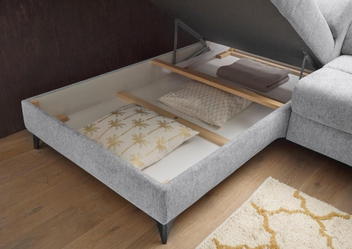ECKSOFA mit Schlaffunktion und Bettkasten, Luxus-Mikrofaser - Hellgrau/Schwarz, Textil/Metall (282/198cm) - ed exciting design