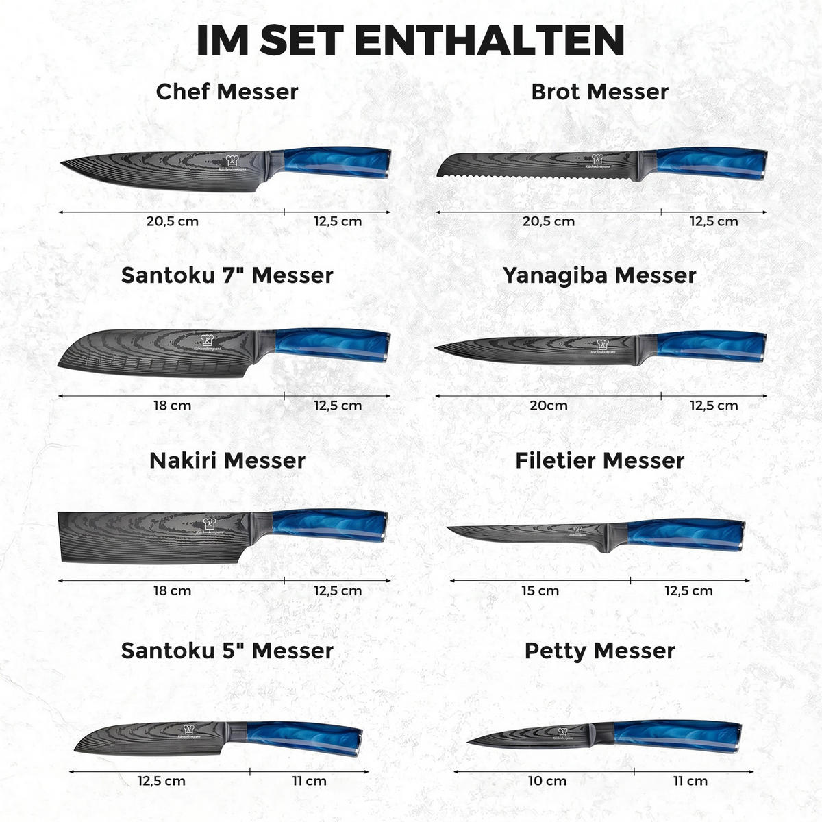 MESSER-SET 8-tlg. mit Edelstahlklingen und ergonomischen Epoxidharz-Griffen - Blau, Holz/Metall - Küchenkompane