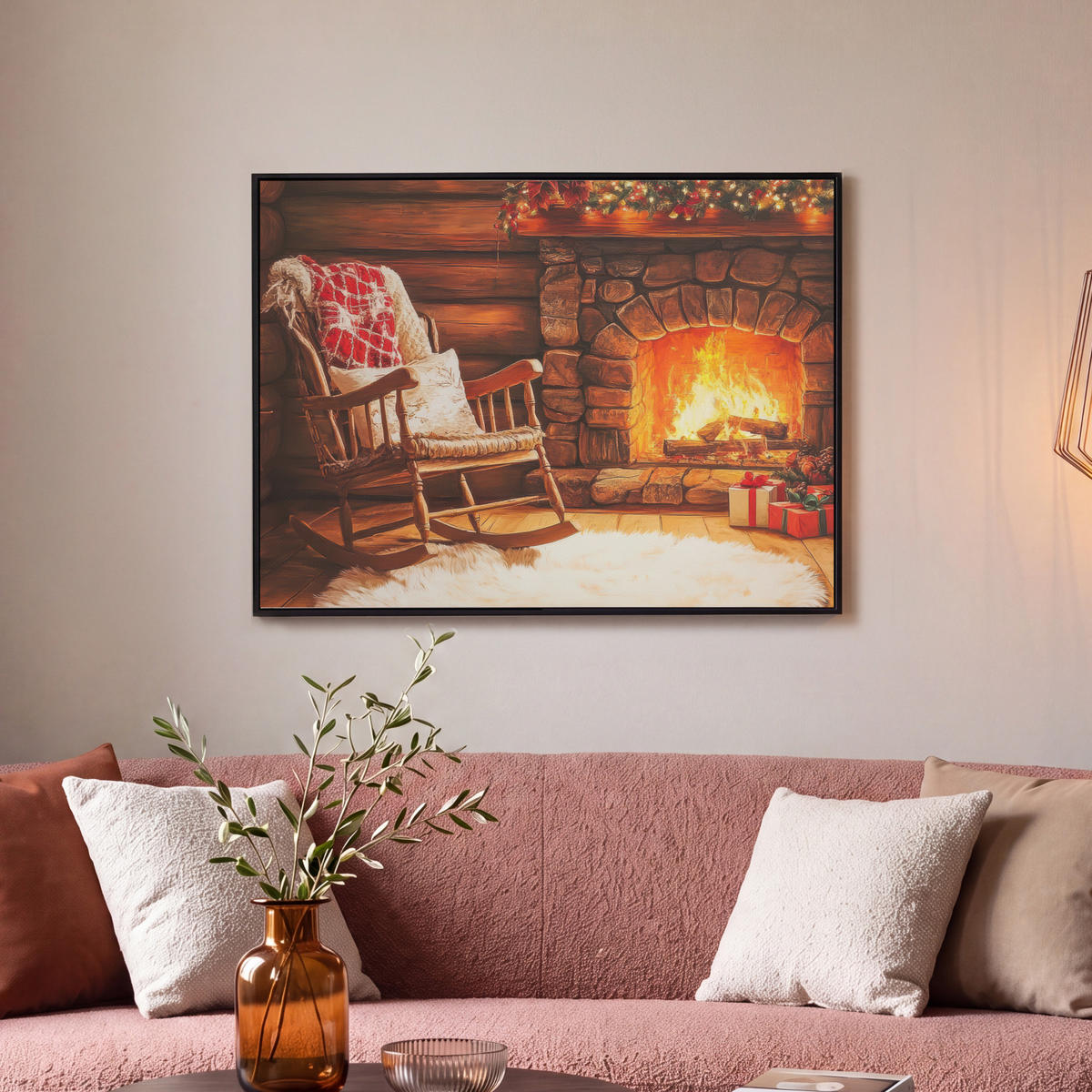 LEINWAND Bilder mit Rahmen - Winter - Weihnachten - Zuhause - Kamin - 70x50 - Bernsteinfarben, Textil (70/50cm) - MuchoWow