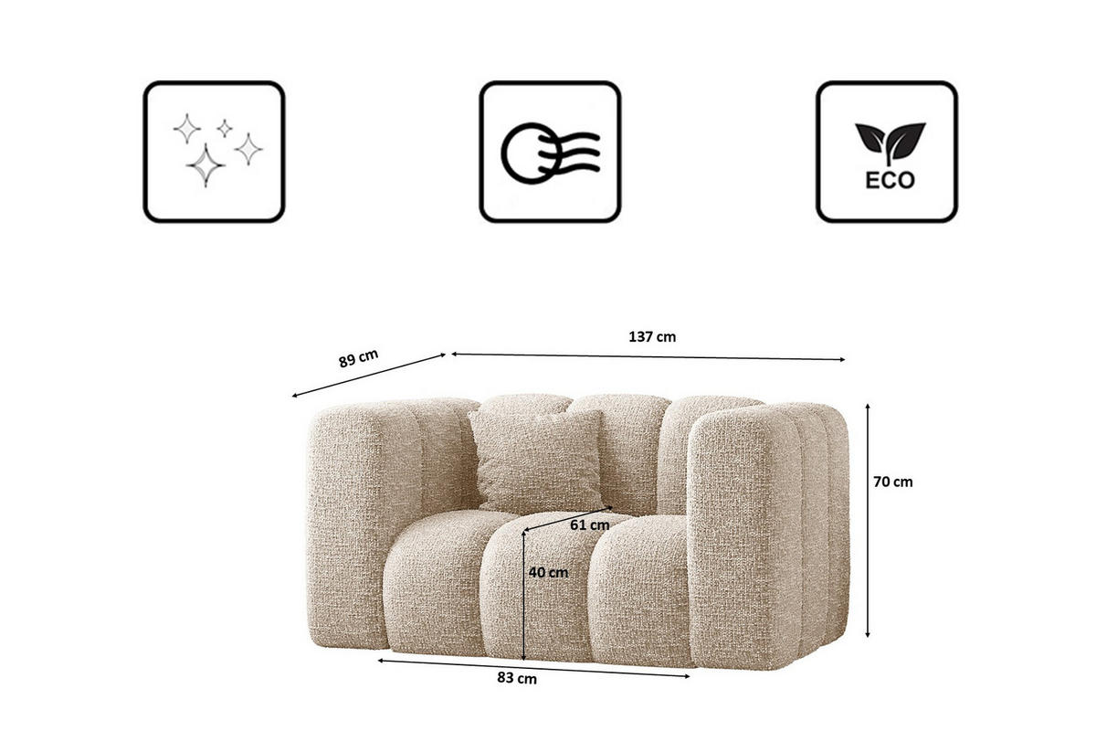 SESSEL Sofa Grand modular stoff Haga Ecru - Ecru, Holz (137/70/89cm) - Kaiser Möbel