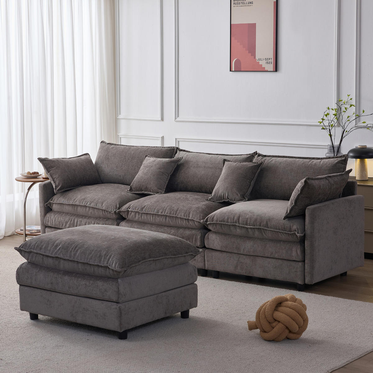 ECKSOFA modular 3-Sitzer Chenille Grey mit Hocker - Grau, Textil (154/267cm) - Meubliv