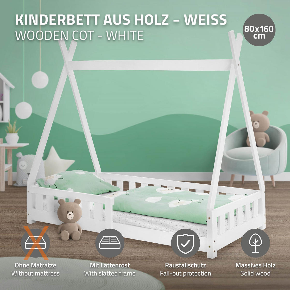 KINDERBETT Tipi 80x160 cm Weiß - Weiß, Holz (80/160cm) - ML-DESIGN