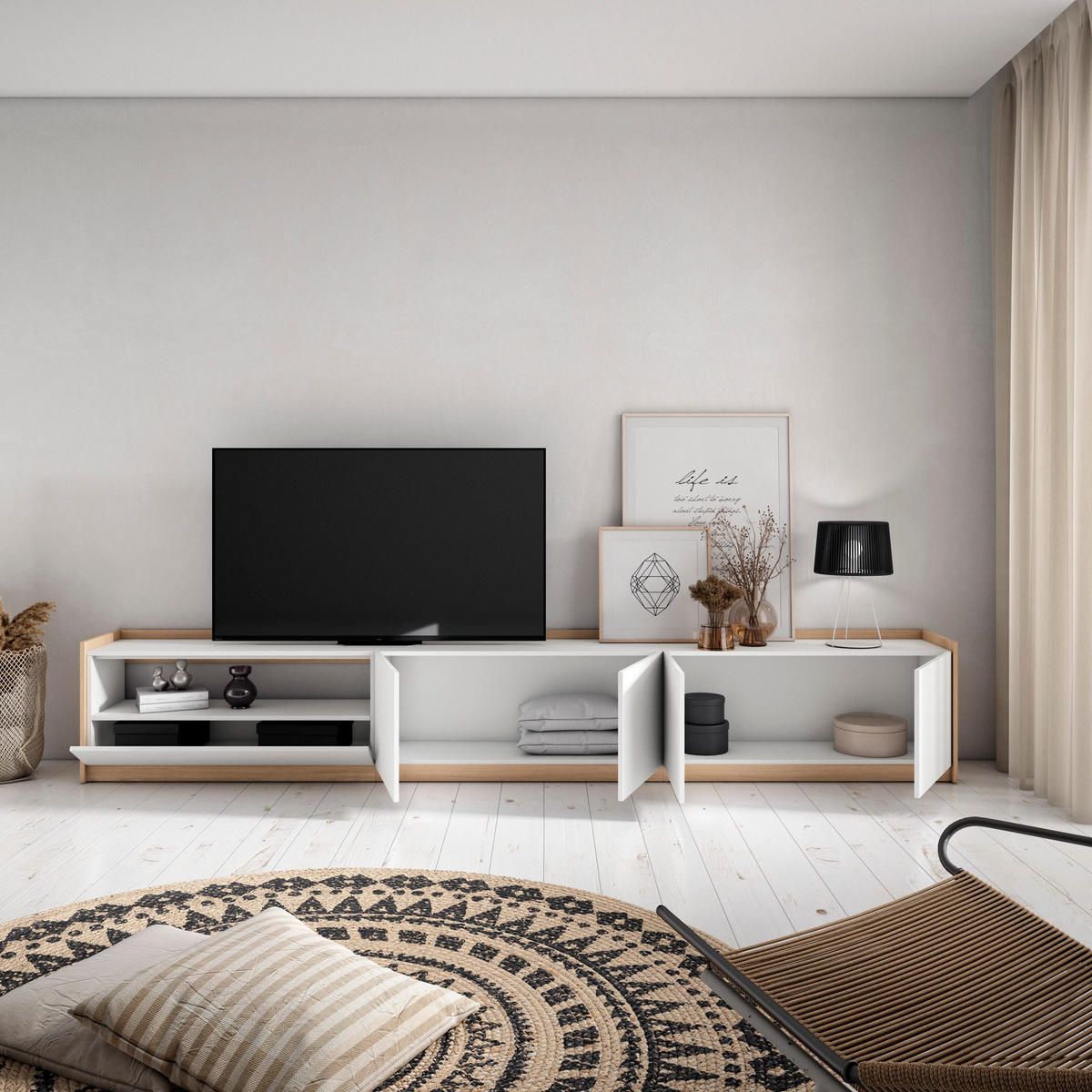 TV-SCHRANK, Lowboard, Weiß und Eiche Soft, 310/37/50cm - Weiß, Holzwerkstoff (310/50/37cm) - Skraut Home