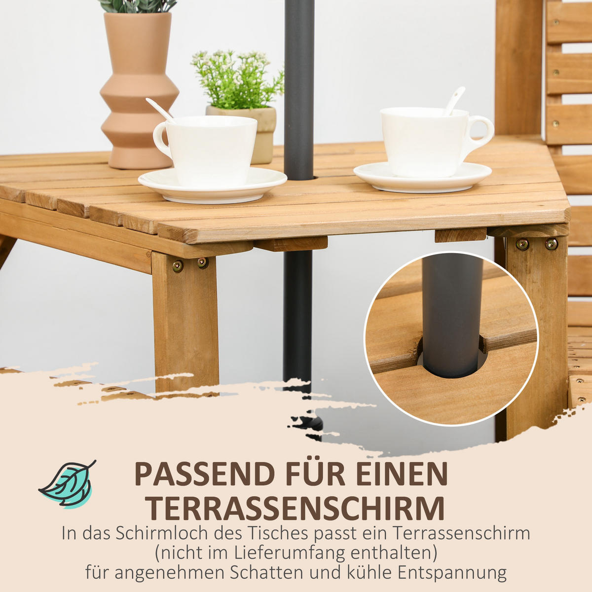 BISTRO-SET DE-07338 aus Holz mit Lamellendesign und Sonnenschirmloch Braun - Braun, Holz - ComfortXL