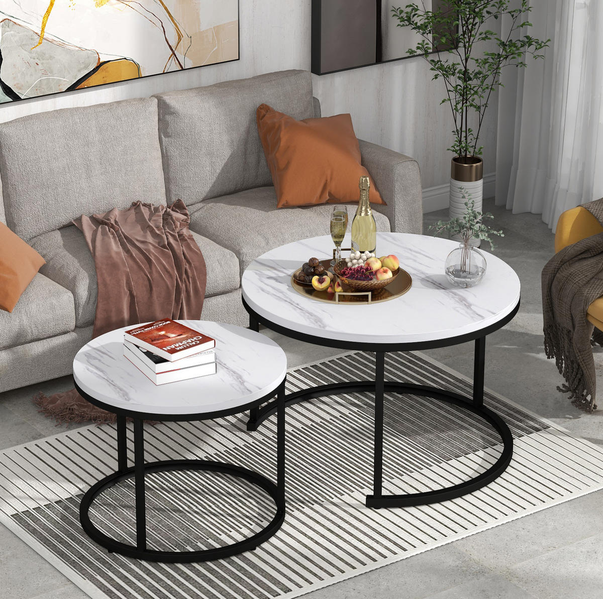 COUCHTISCH 2er-Set, MDF mit Marmoroptik, verschachtelbar, 50/70,5 + 45,5/44 cm, Weiß - Weiß, Holzwerkstoff (71/71/50cm) - Redom
