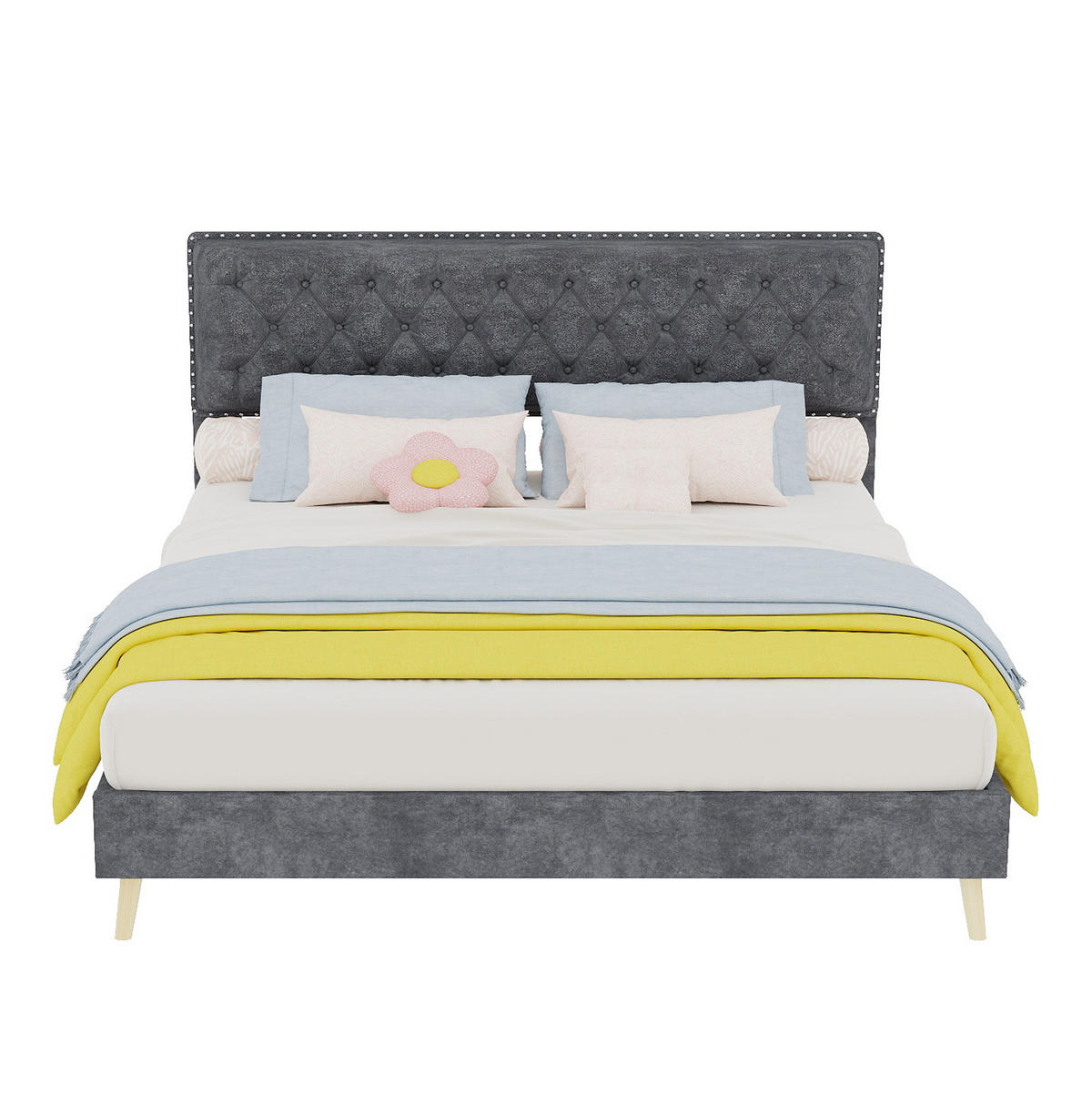 POLSTERBETT 160/200 cm mit Matratze, hohem Kopfteil und Stauraum unter dem Bett, Grau - Grau, Textil (160/200cm) - Redom