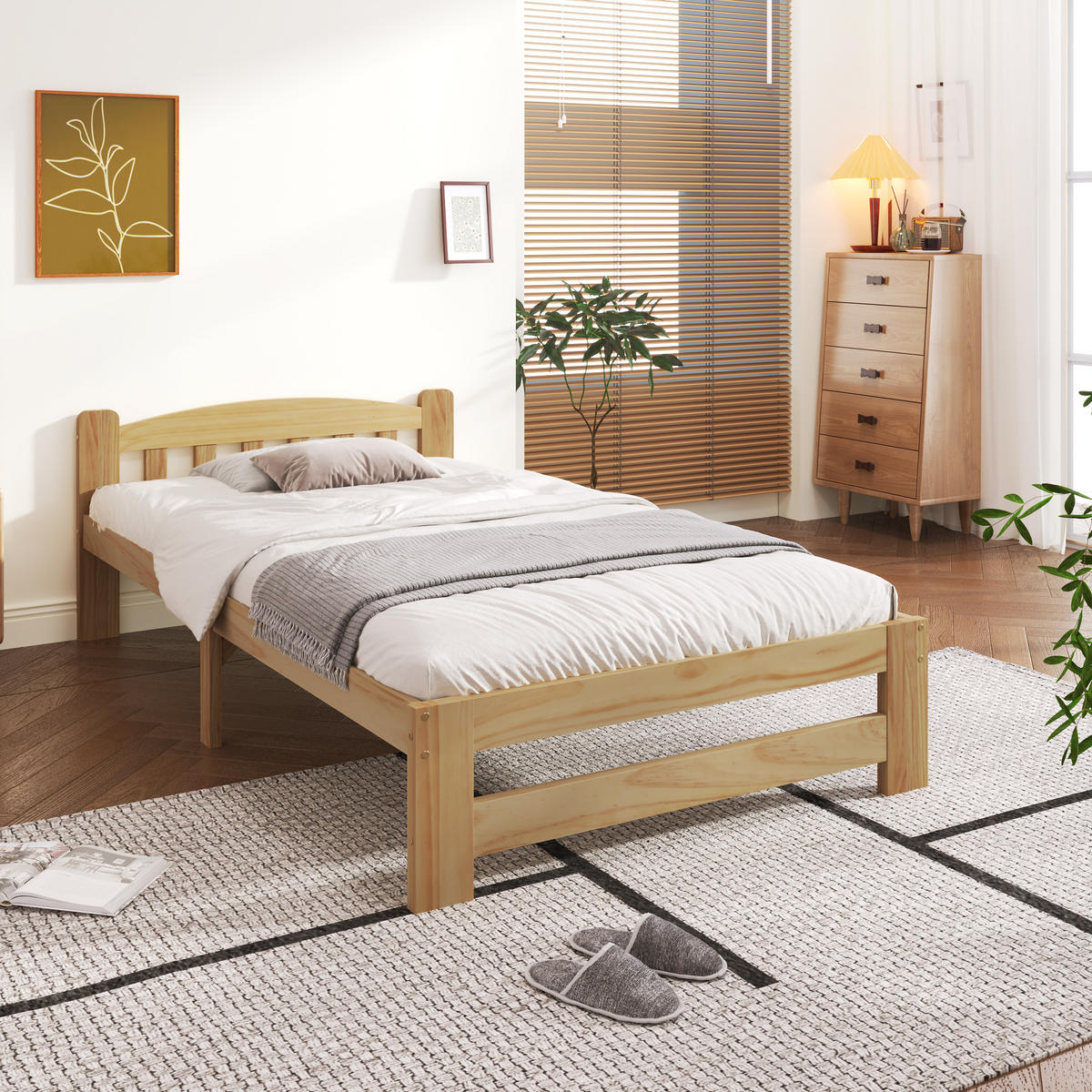 BETT 90/200 cm Natur Massivholz mit Kopfteil und Lattenrost - Naturfarben, Holz (90/200cm) - OKWISH