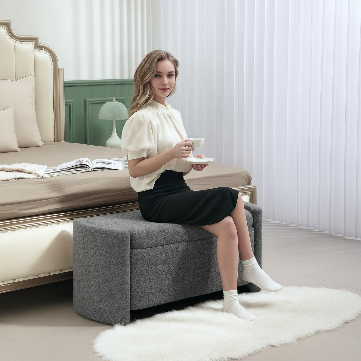 TRUHENBANK Samtoptik Grau - Eukalyptusholzfarben/Grau, Holz/Kunststoff (44/45.5/105cm) - HOMCOM