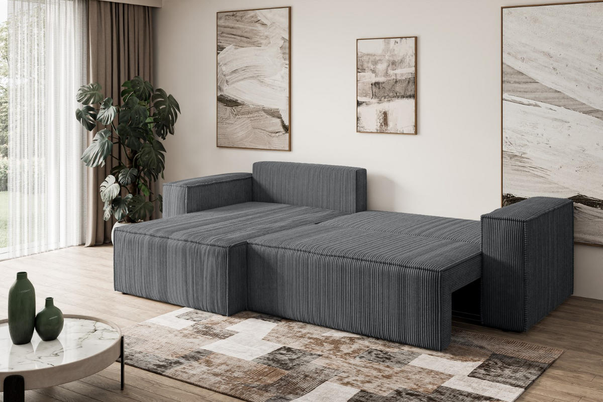 ECKSOFA mit Schlaffunktion und Bettkasten CELTIC-XL - 277x143x83 cm Dunkelgrau Cord - Dunkelgrau/Schwarz, Holzwerkstoff/Kunststoff (277/143cm) - ALTDECOR