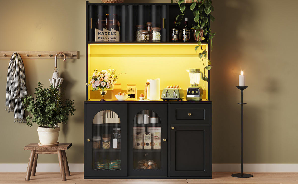 HIGHBOARD schwarz aus MDF/Spanplatte mit Glastüren und LED-App-Steuerung, 120/35/167 cm, Schwarz - Schwarz, Holzwerkstoff (120/167/35cm) - Redom