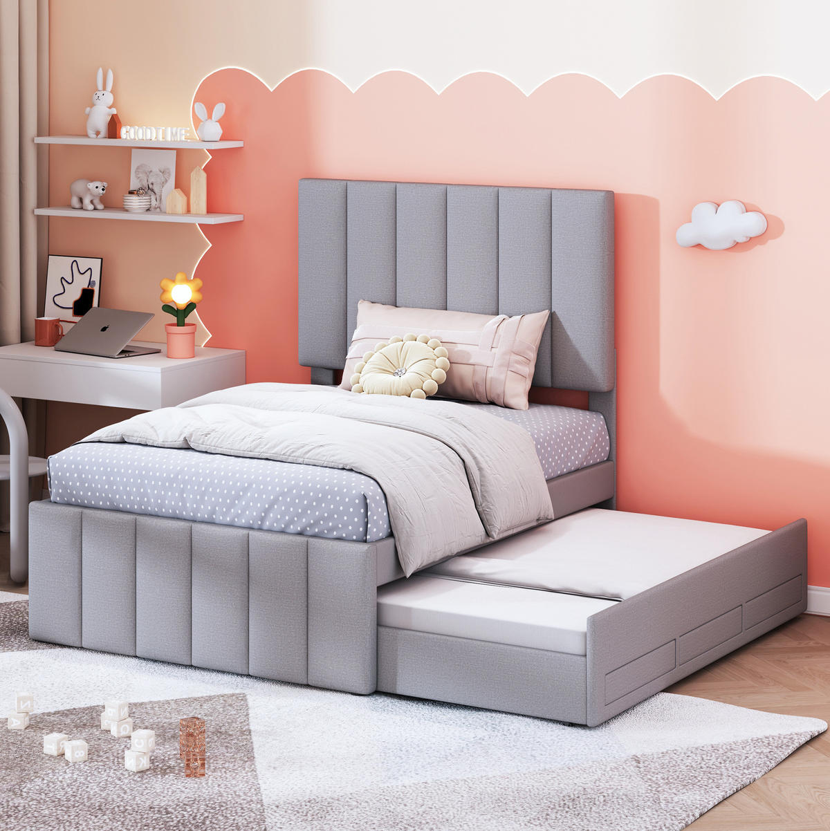 POLSTERBETT 90/200 cm mit Ausziehbett, 3 Schubladen und höhenverstellbarem Kopfteil, Grau - Grau, Textil (90/200cm) - Redom