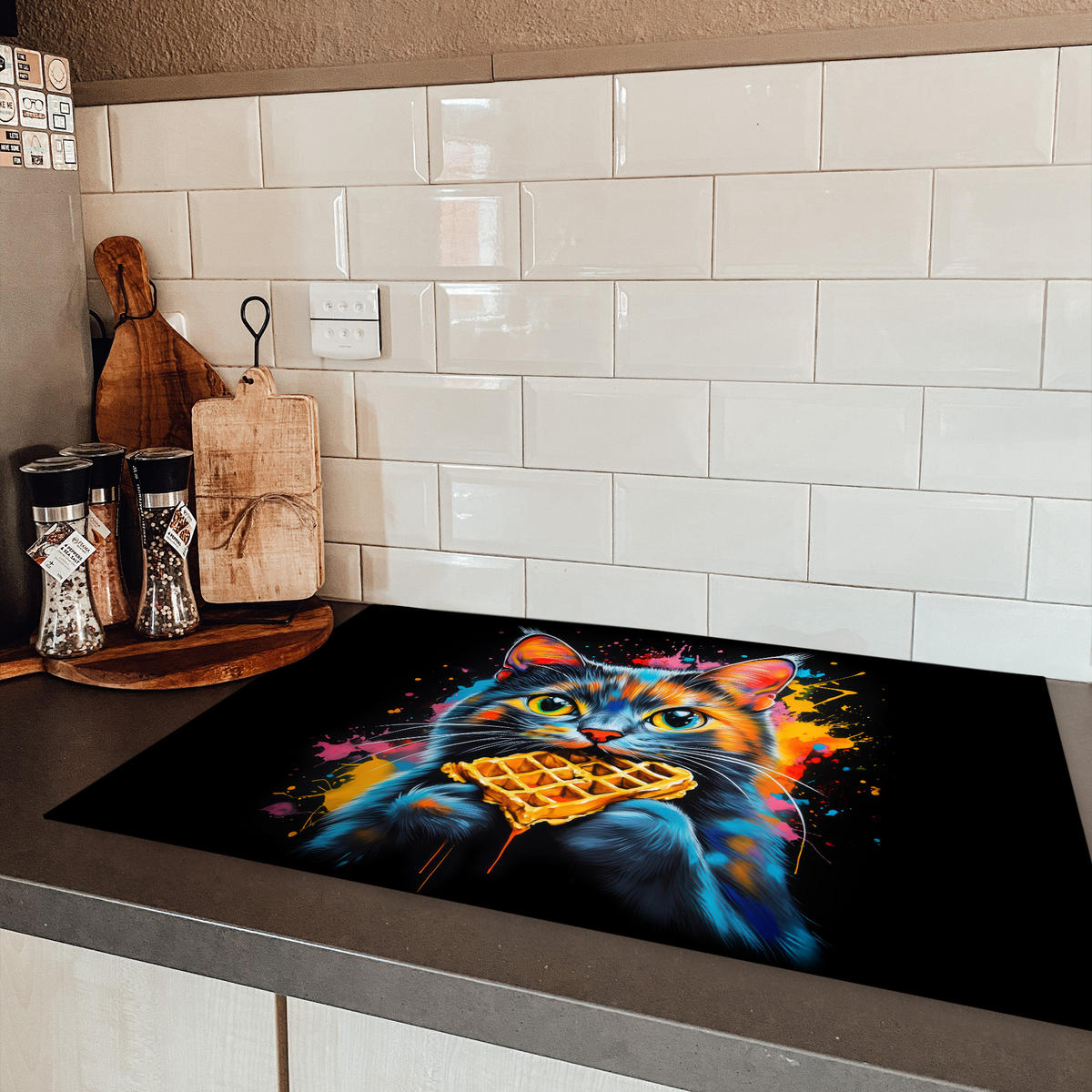 HERDABDECKPLATTE Katze - Graffiti - Bunt - Waffel - Essen Ceranfeldabdeckung 80x52 cm - Multicolor, Kunststoff (80/52/0.2cm) - MuchoWow