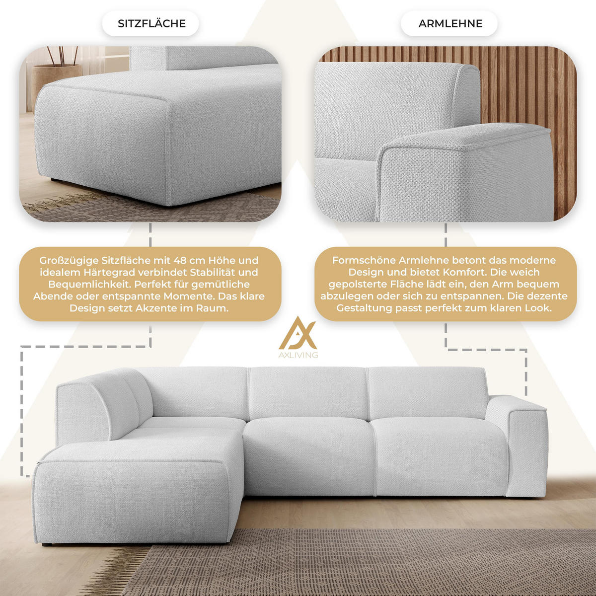 ECKSOFA L Form Didim Ivory 292/220/78 cm – großes Sofa stilvoll & bequem L - Greige/Champagner, Kunststoff/Textil (220/292cm) - AX Living