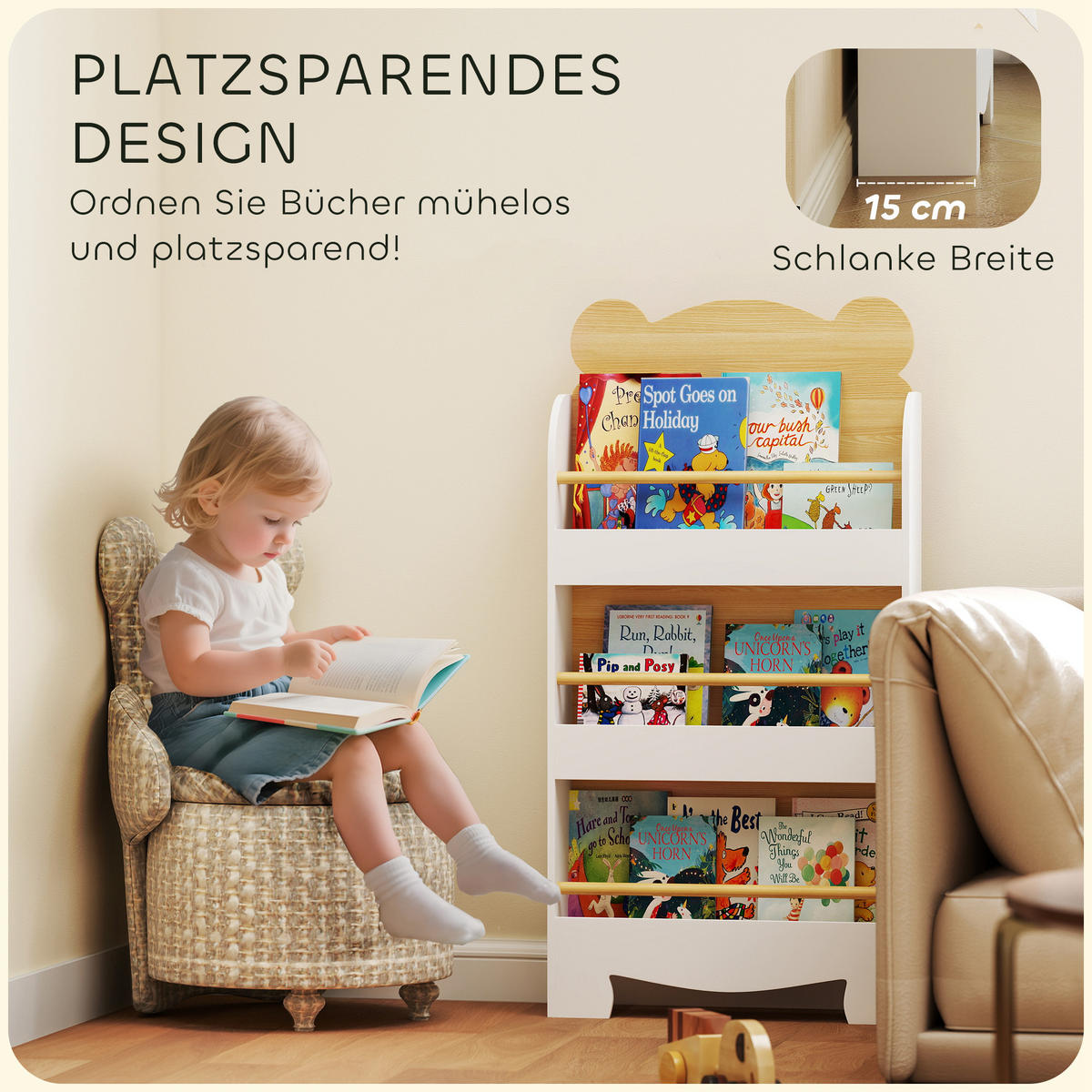 BÜCHERREGAL für Kinder Kinderregal mit 3 Ablagen Aufbewahrungsregal aus Holz - Braun, Holzwerkstoff (15/110/55cm) - AIYAPLAY