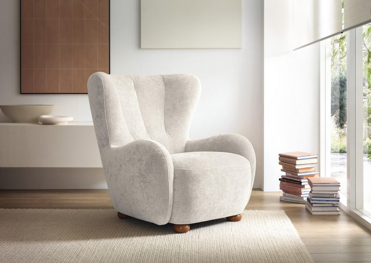 SESSEL MIST, Polstersessel Klassisch Loungesessel, Chenille-Stoff Creme - Creme, Holz/Holzwerkstoff (88/91/100cm) - MASSENO