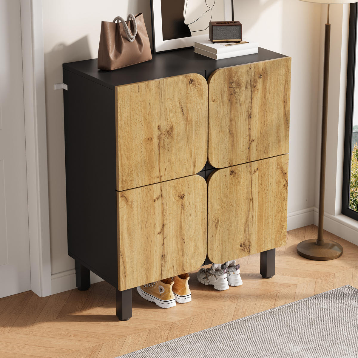 SCHUHSCHRANK 4 Türen verstellbar Metallbeine - Naturfarben, Holz (80/95/38.5cm) - LEBENLANG