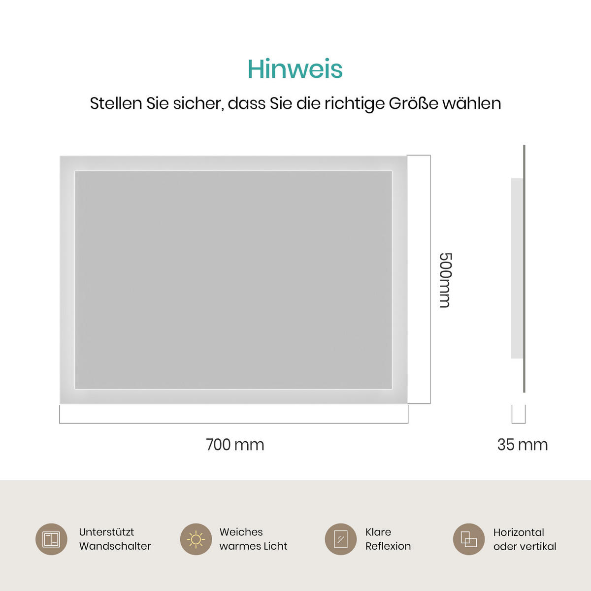 BADSPIEGEL mit Umweltfreundlicher Silberspiegel Beleuchtung 70/50/3,5 cm - Weiß, Glas (50/3.5/70cm) - EMKE
