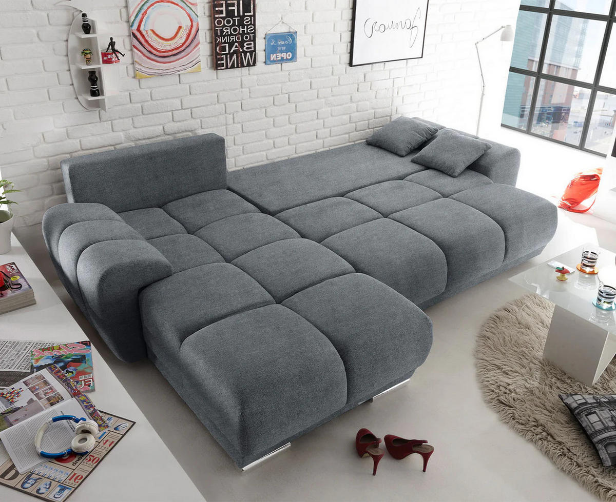 ECKSOFA beidseitig montierbar, Schlaffunktion mit Bettkasten - Chromfarben/Dunkelgrau, Textil (289/189cm) - ed exciting design