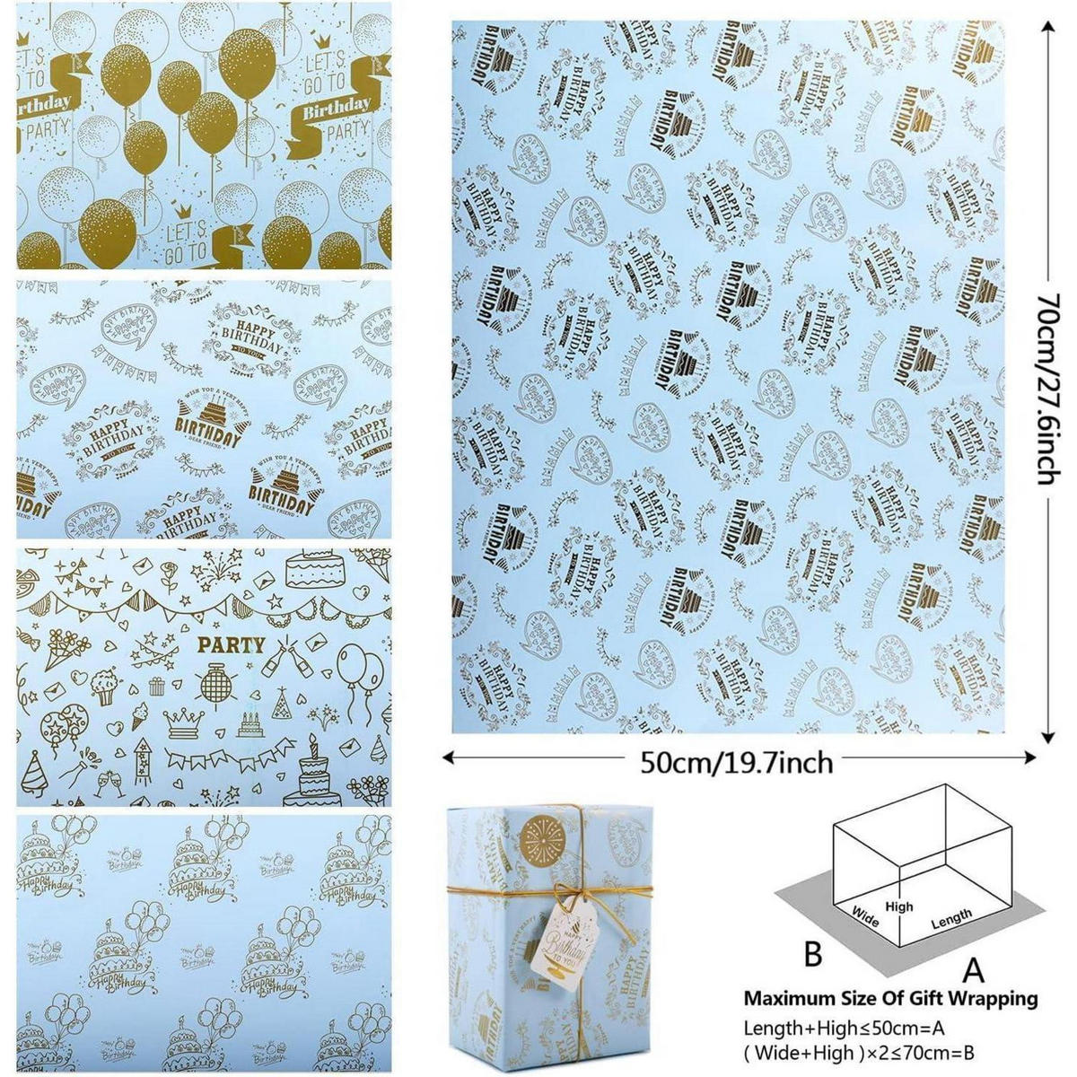 GESCHENKPAPIER Set 6 Blatt Goldmuster 70 x 50 cm - Blau, Papier (50/0.1/70cm)