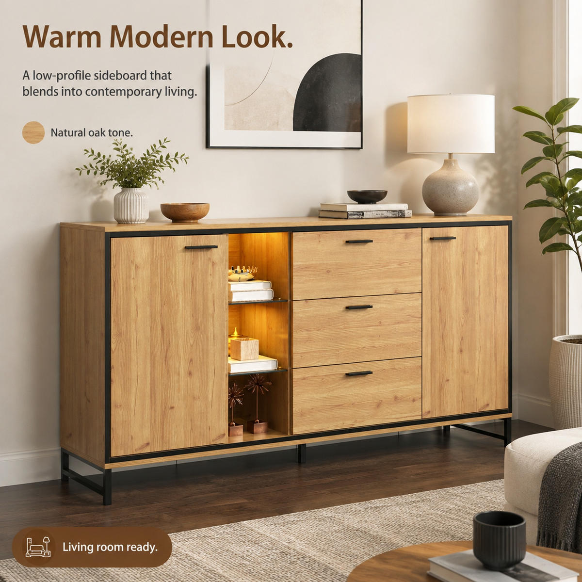 SIDEBOARD 160/40/85 cm aus Holzwerkstoff mit LED-Beleuchtung Natur/Schwarz - Schwarz/Naturfarben, Holzwerkstoff (160/85/40cm) - Modenvie