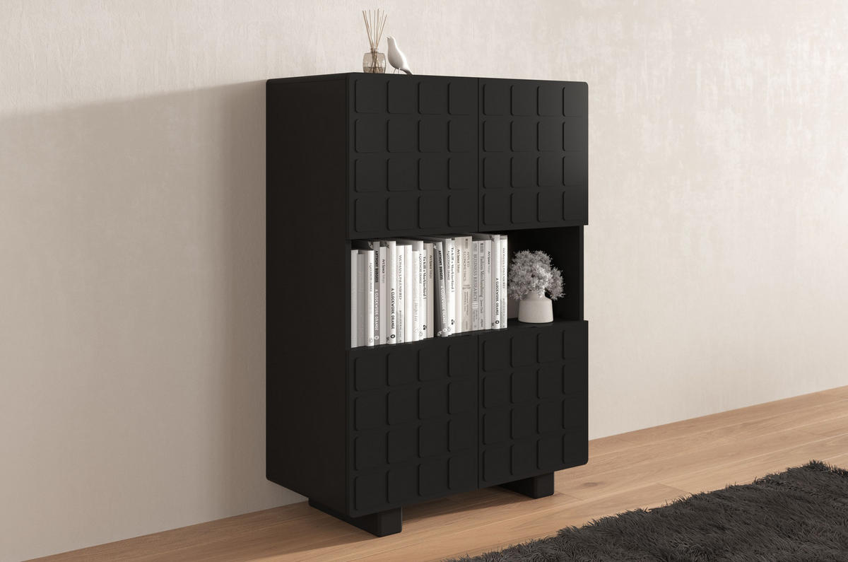 HIGHBOARD Cubo Long, Geometrische 3D Fronten, 85 x 120 cm, Schwarz - Schwarz, Holz/Holzwerkstoff (84.3/120/41.8cm) - Skandica